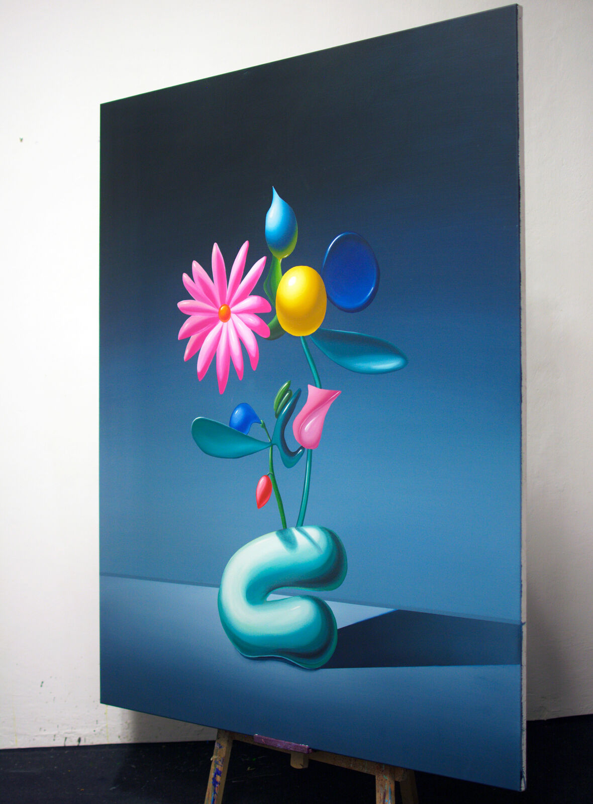 A painting of a vase with flowers in it on a table.