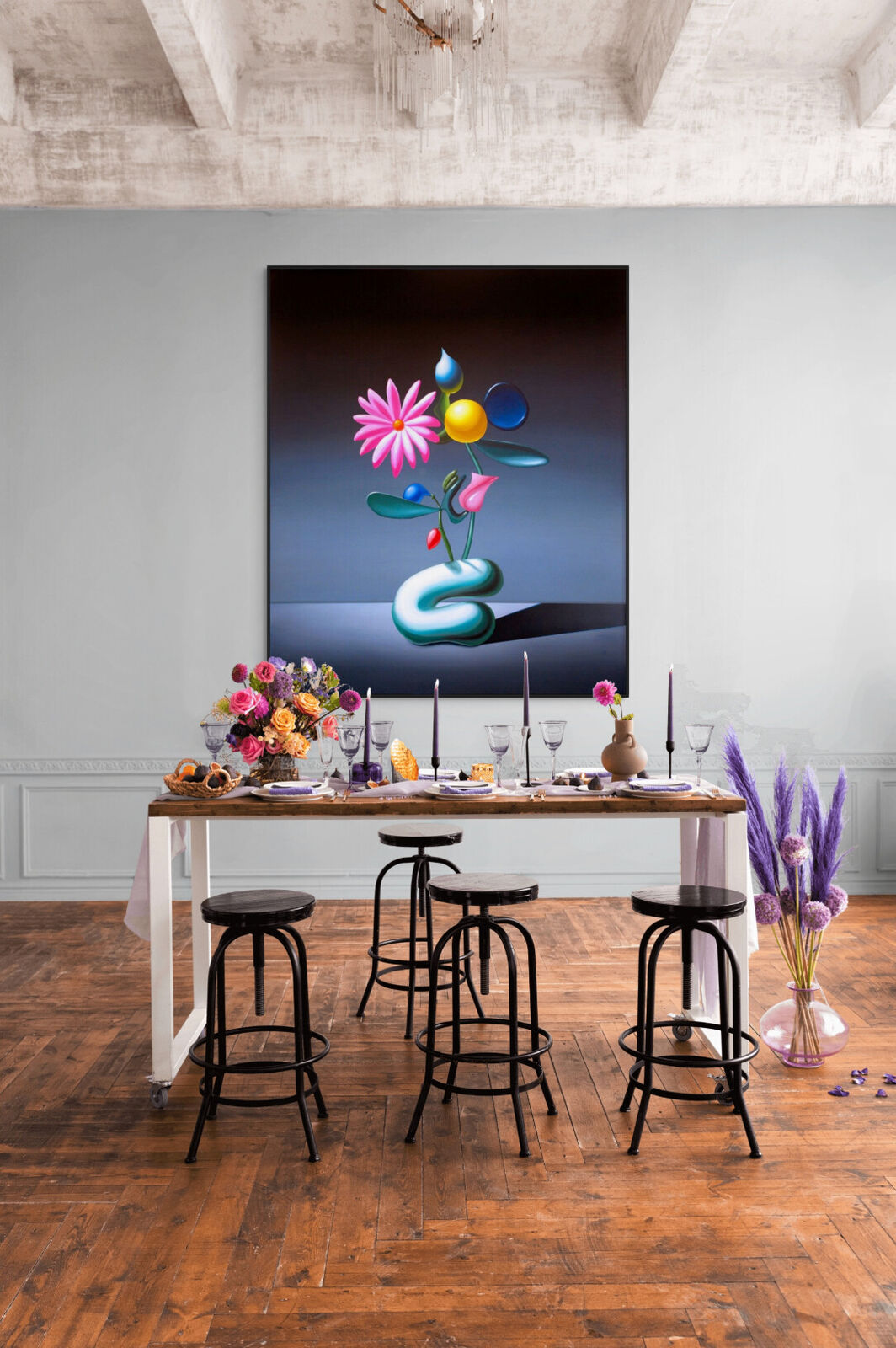 A painting of a vase with flowers in it on a table.