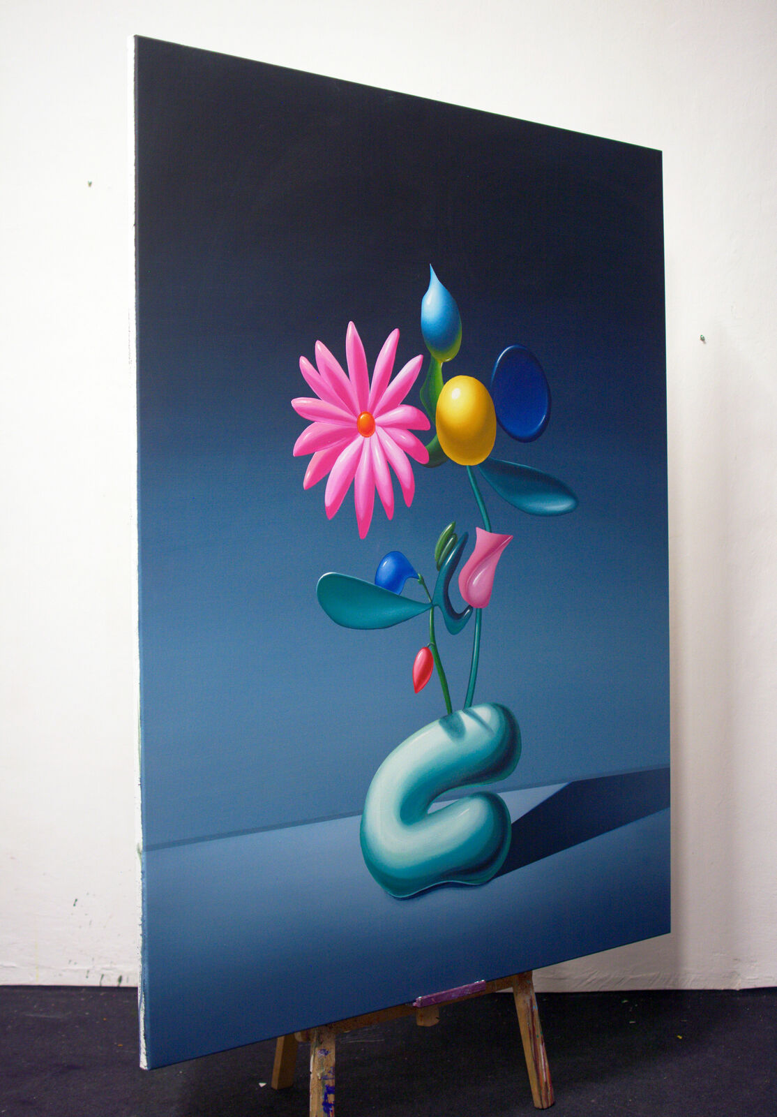 A painting of a vase with flowers in it on a table.