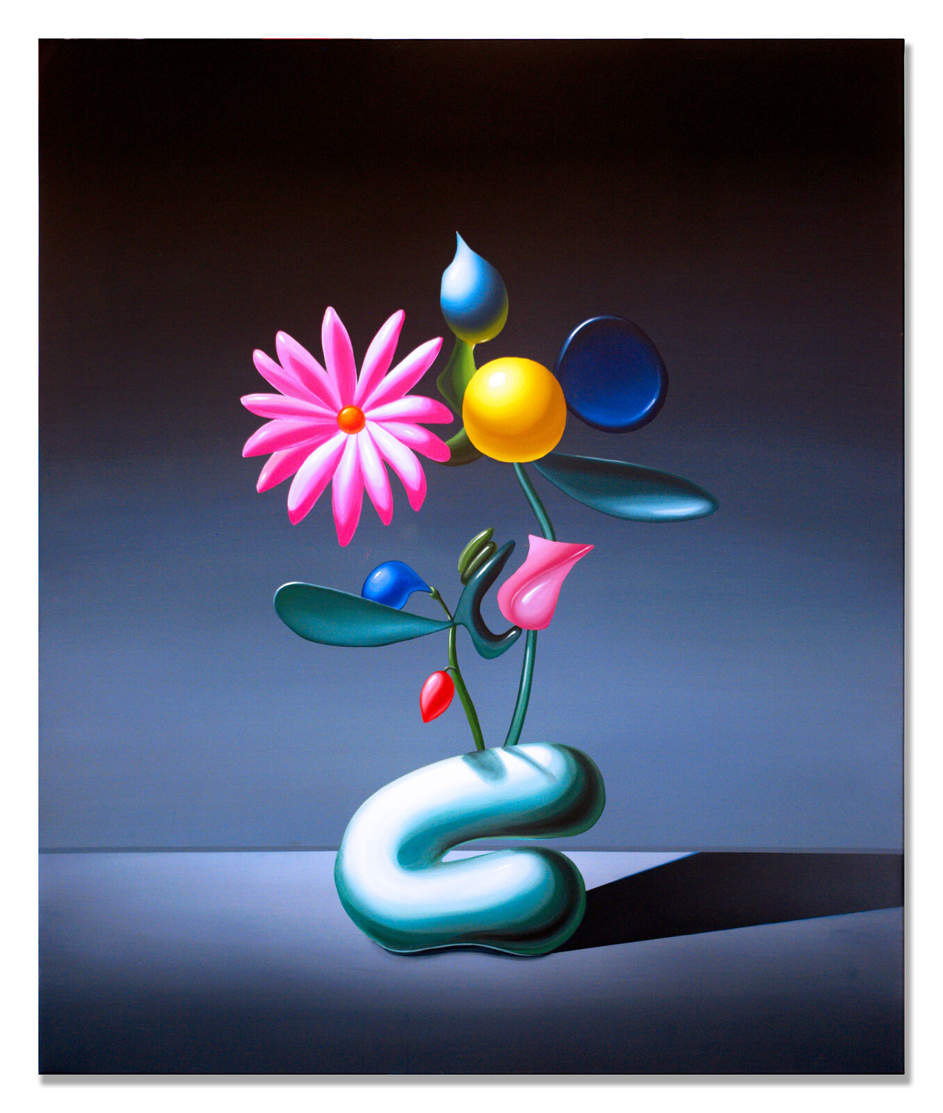 A painting of a vase with flowers in it on a table.
