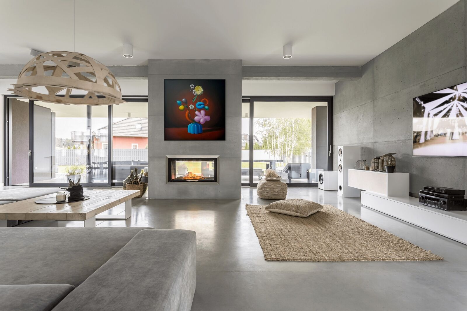 A painting of flowers in a blue vase on a table.