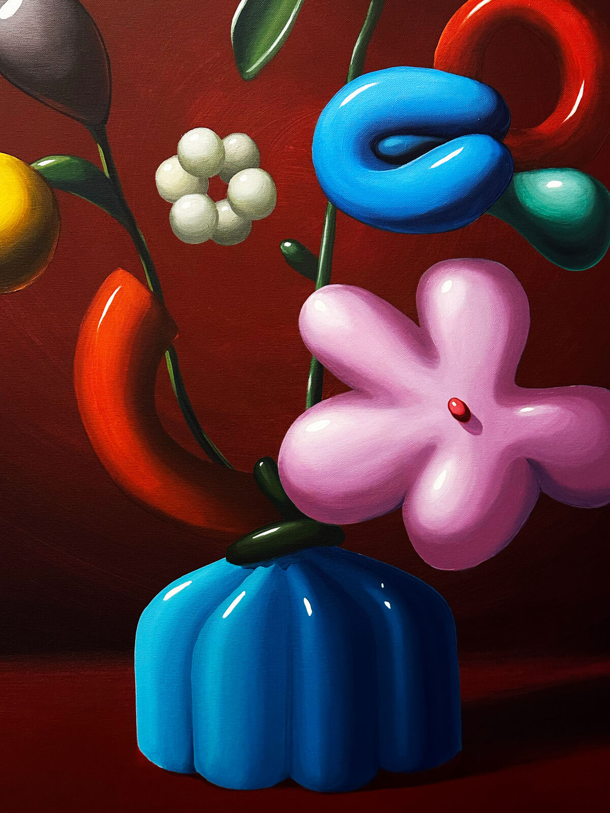 A painting of flowers in a blue vase on a table.