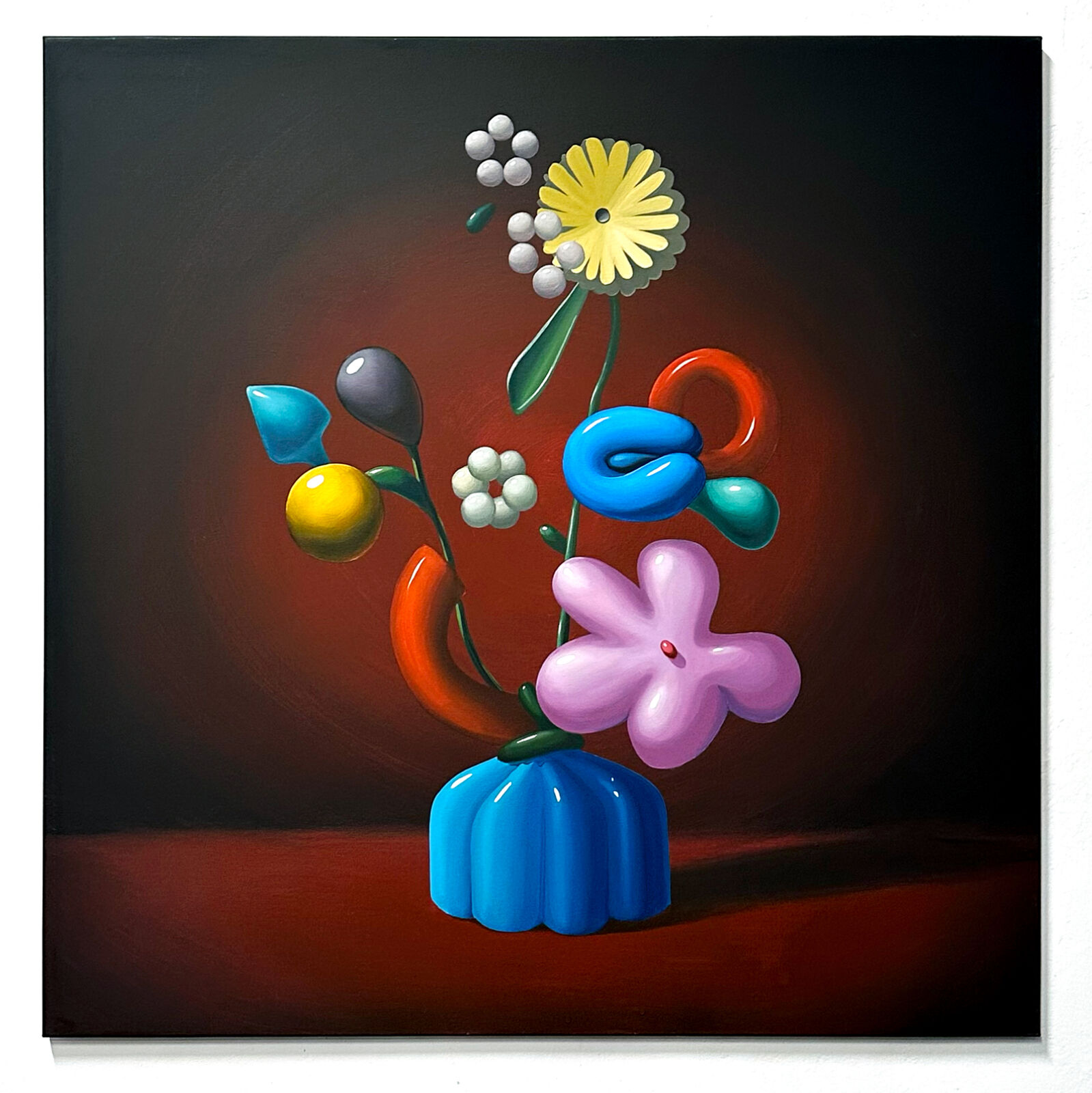 A painting of flowers in a blue vase on a table.