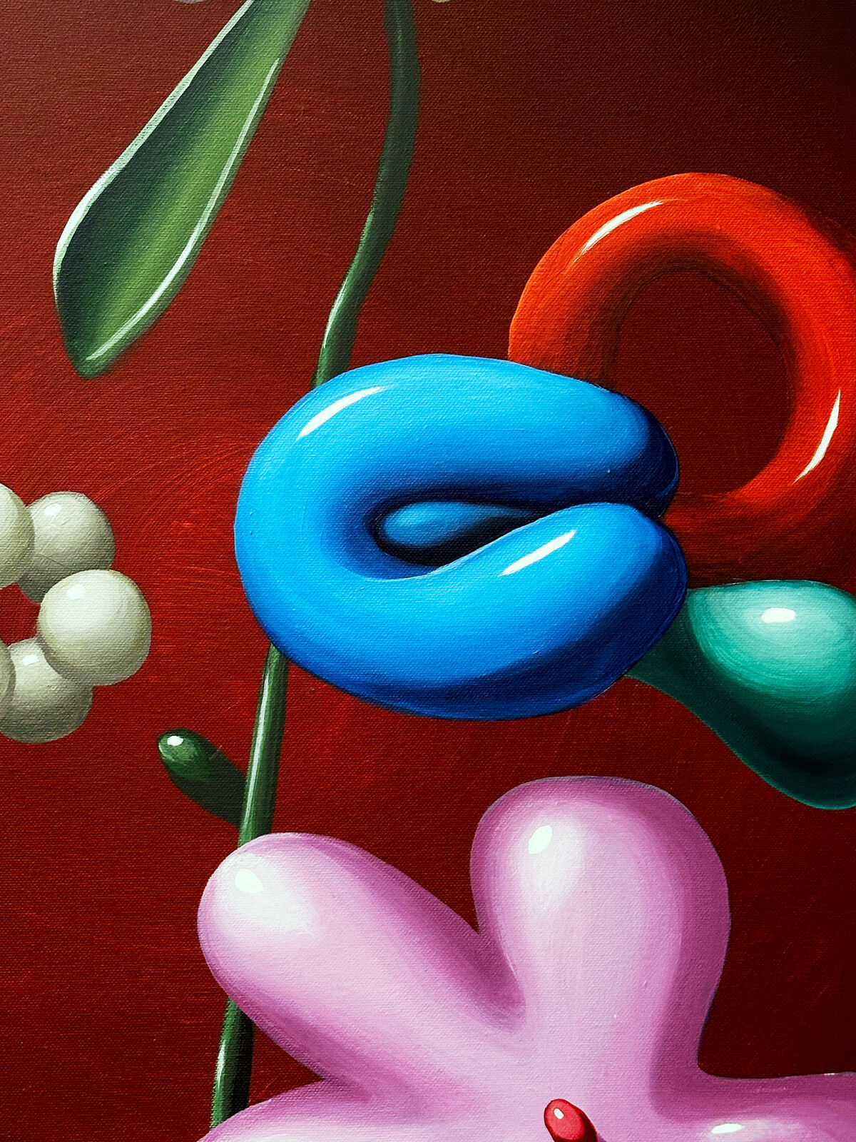 A painting of flowers in a blue vase on a table.