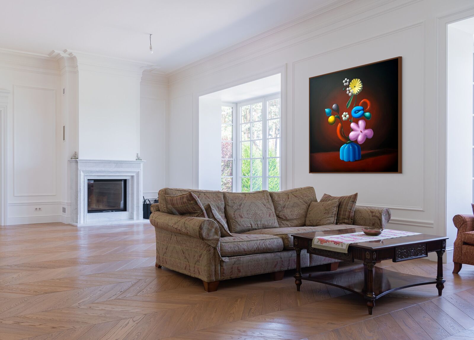 A painting of flowers in a blue vase on a table.