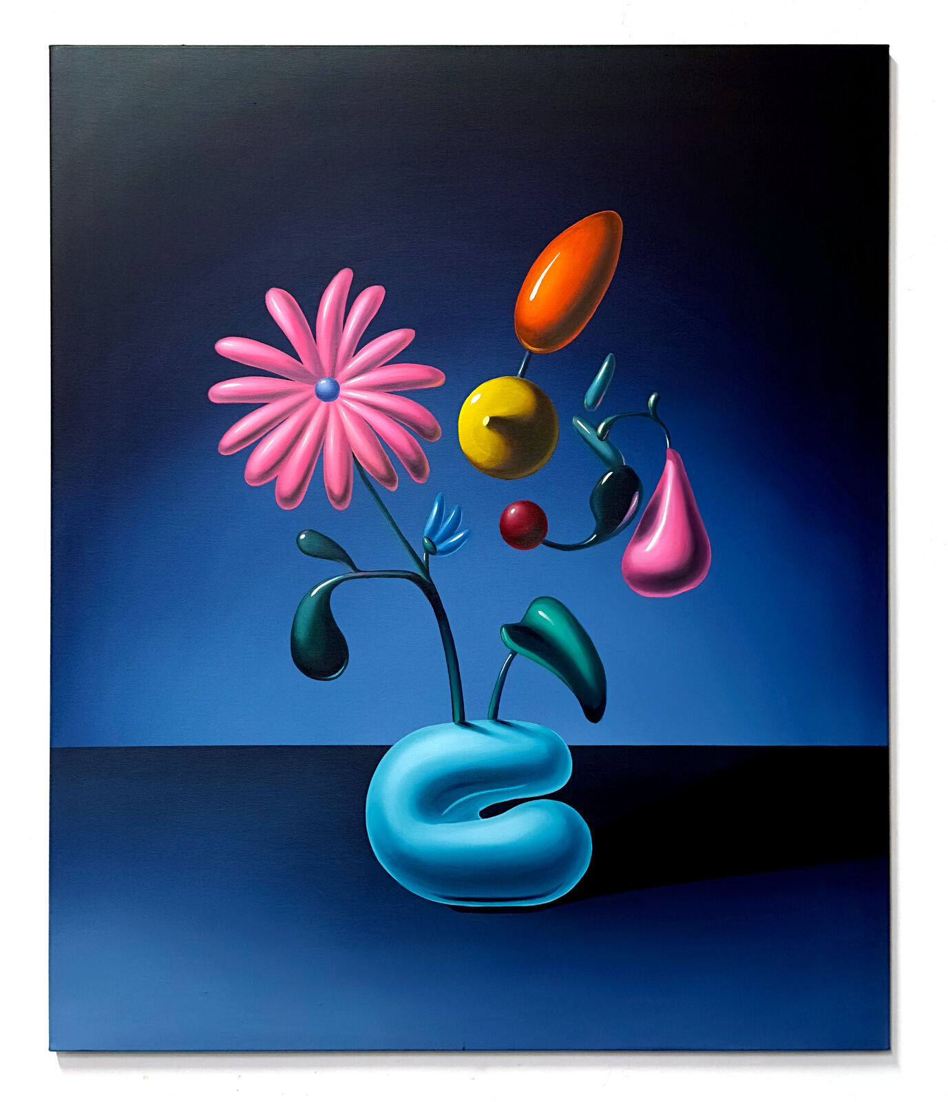 A painting of a flower in a blue vase on a table.