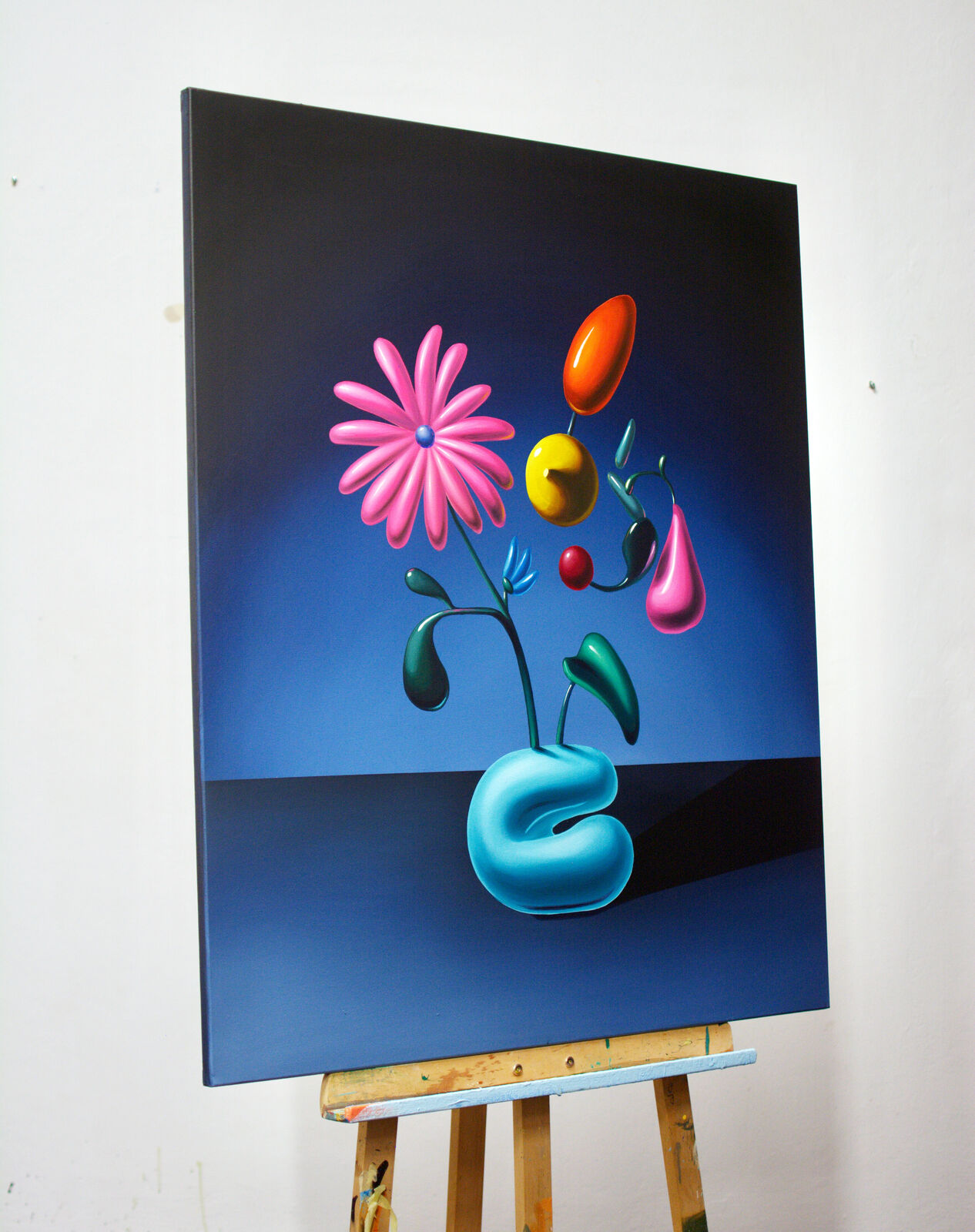 A painting of a flower in a blue vase on a table.