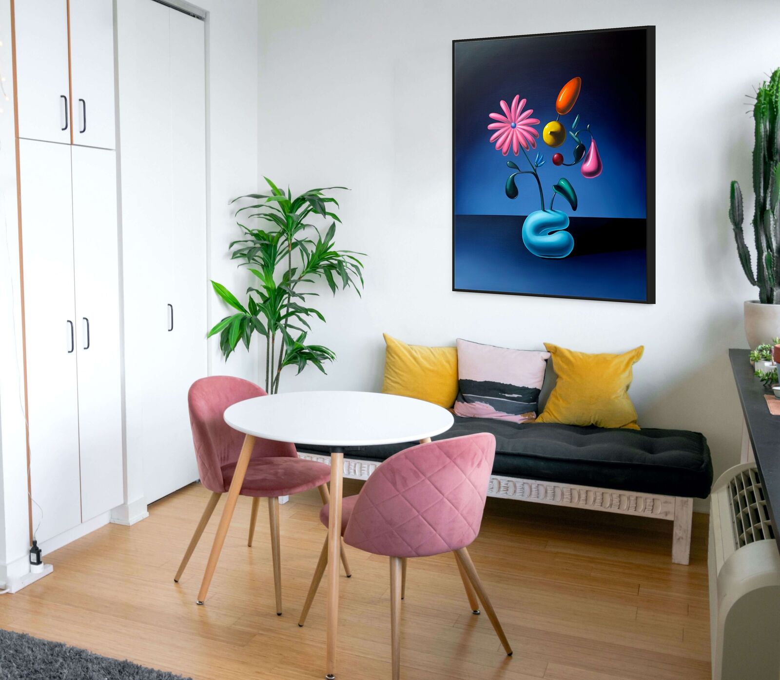 A painting of a flower in a blue vase on a table.