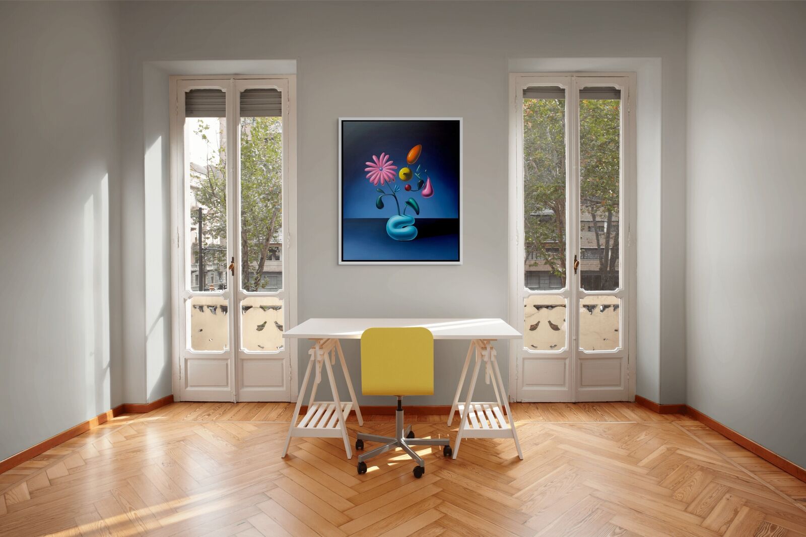 A painting of a flower in a blue vase on a table.