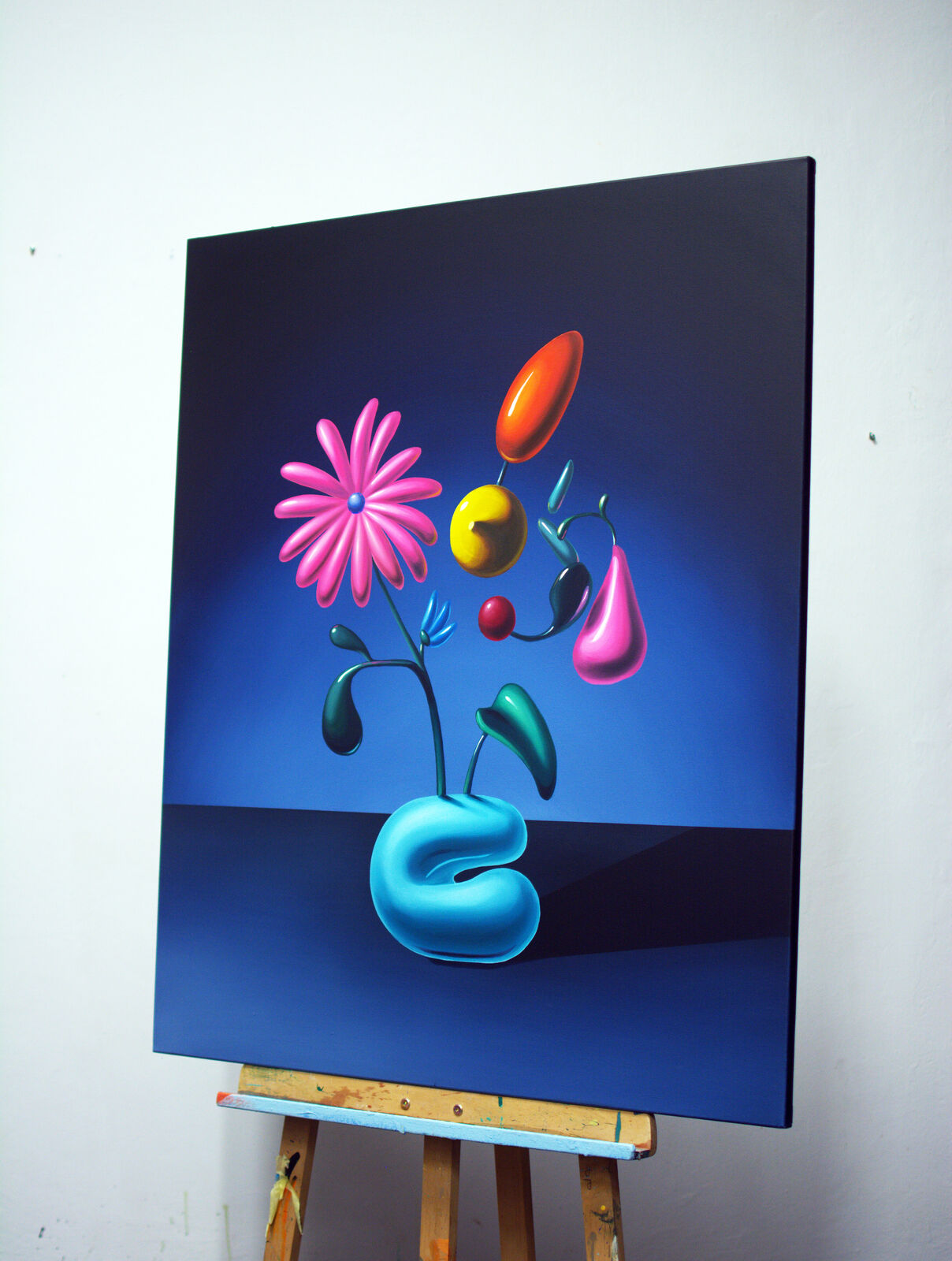 A painting of a flower in a blue vase on a table.