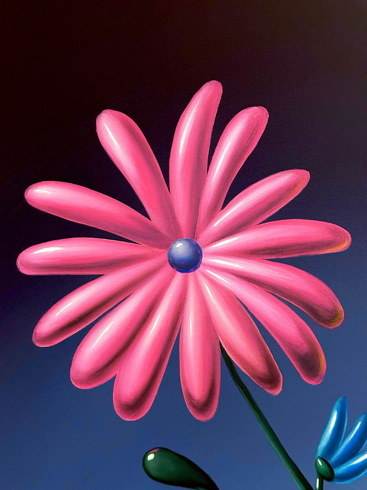 A painting of a flower in a blue vase on a table.