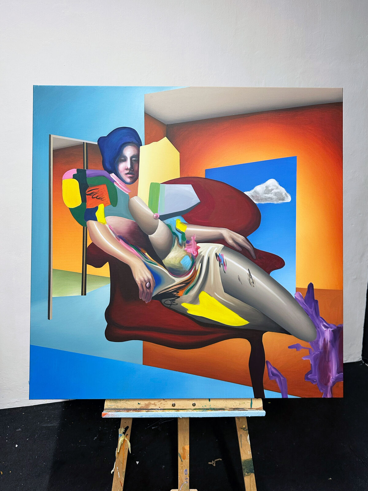 A painting of a woman sitting on a red chair.