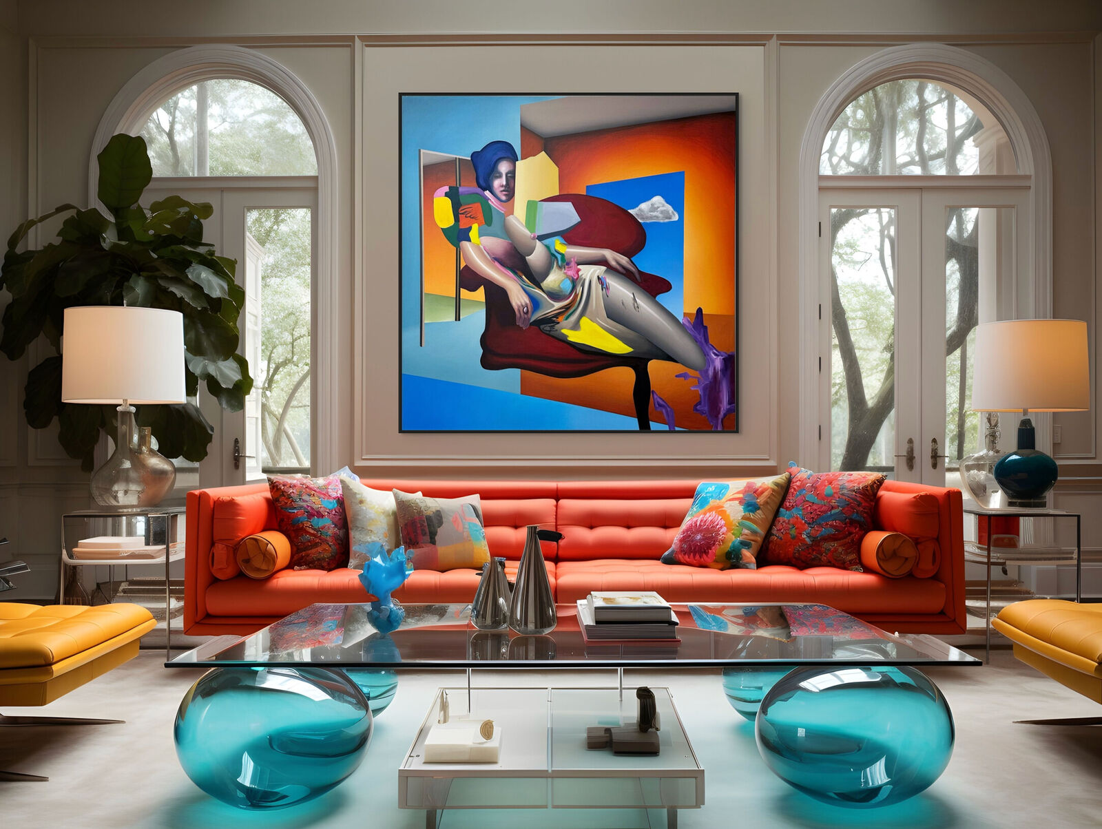 A painting of a woman sitting on a red chair.