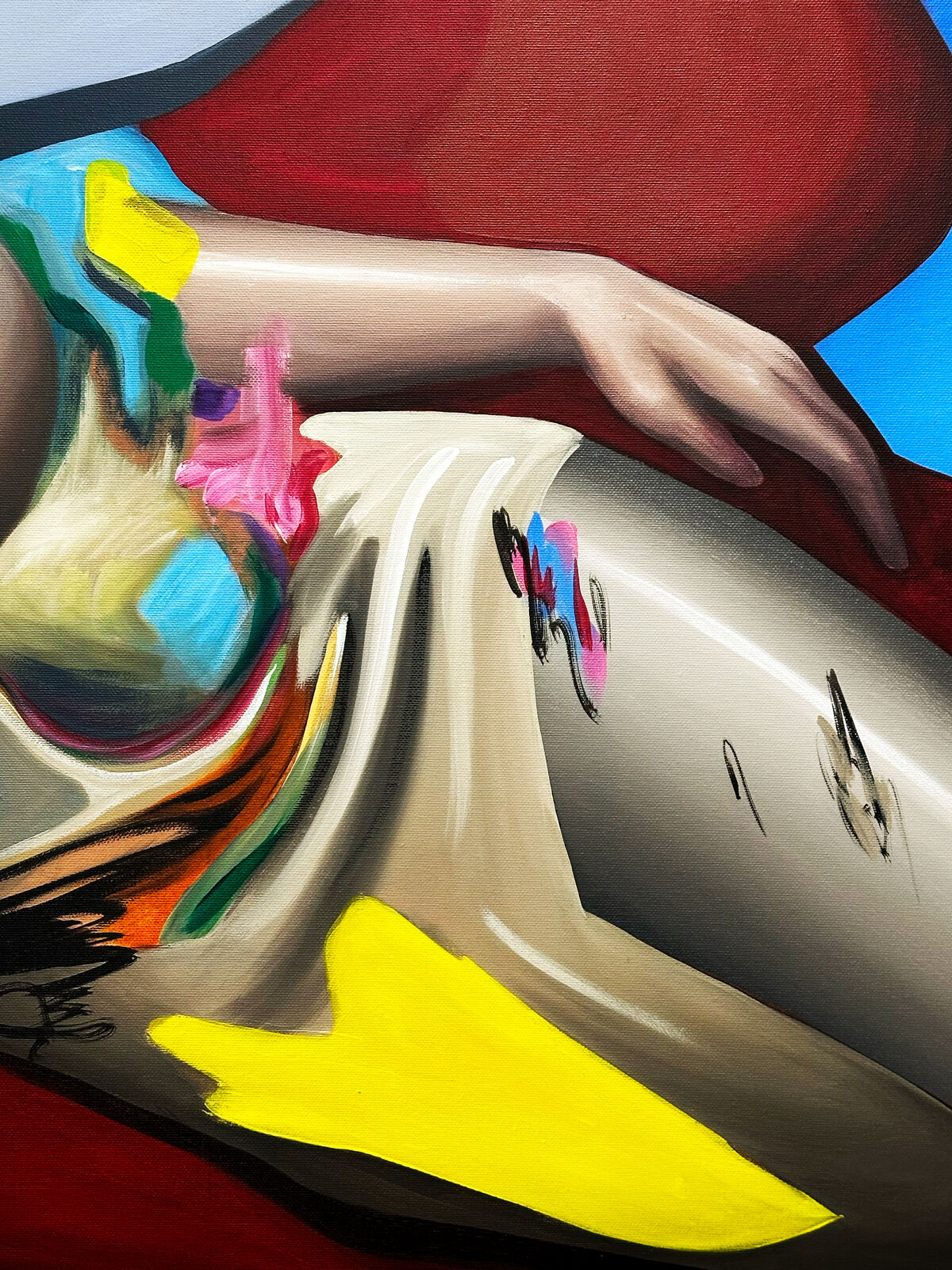 A painting of a woman sitting on a red chair.