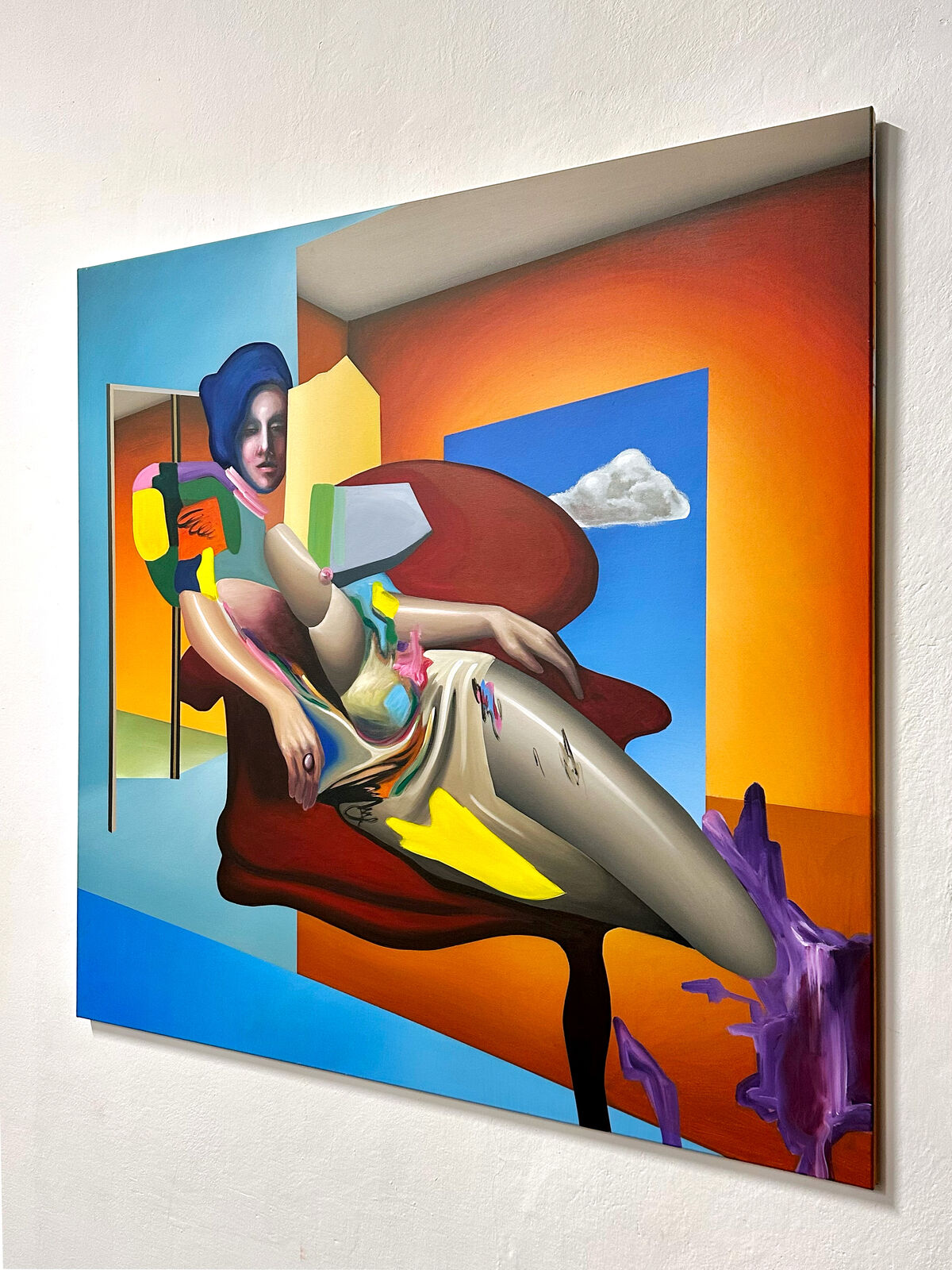 A painting of a woman sitting on a red chair.