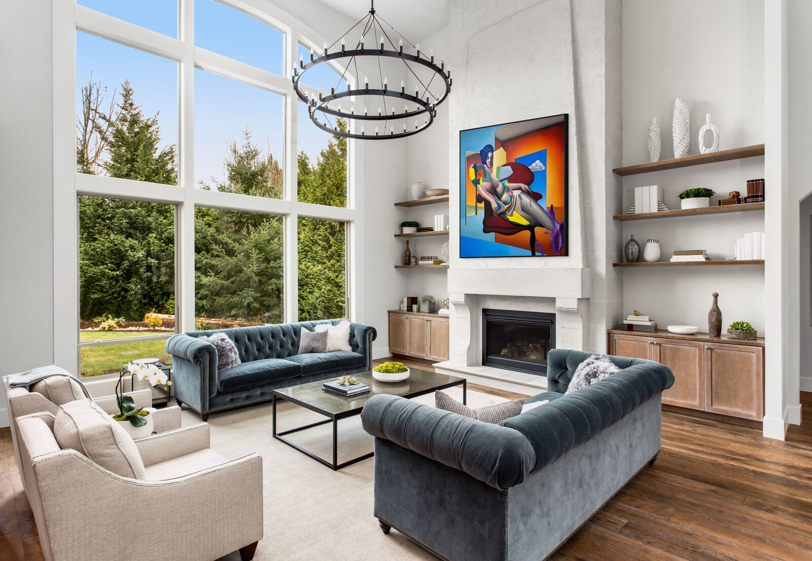A painting of a woman sitting on a red chair.