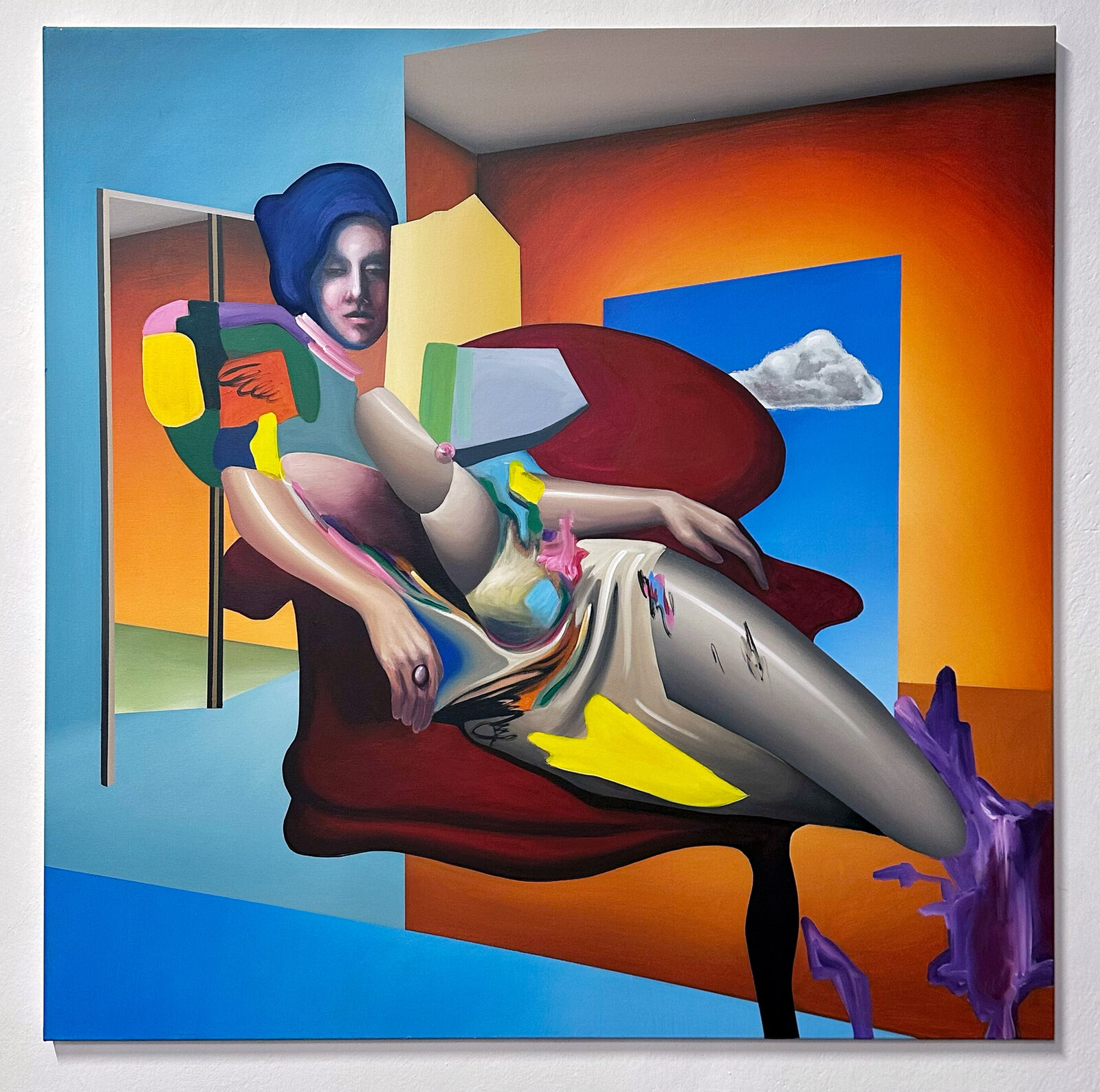 A painting of a woman sitting on a red chair.