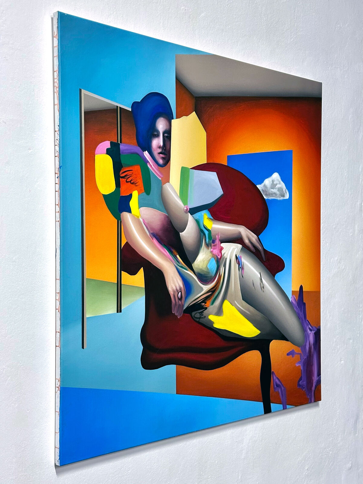 A painting of a woman sitting on a red chair.