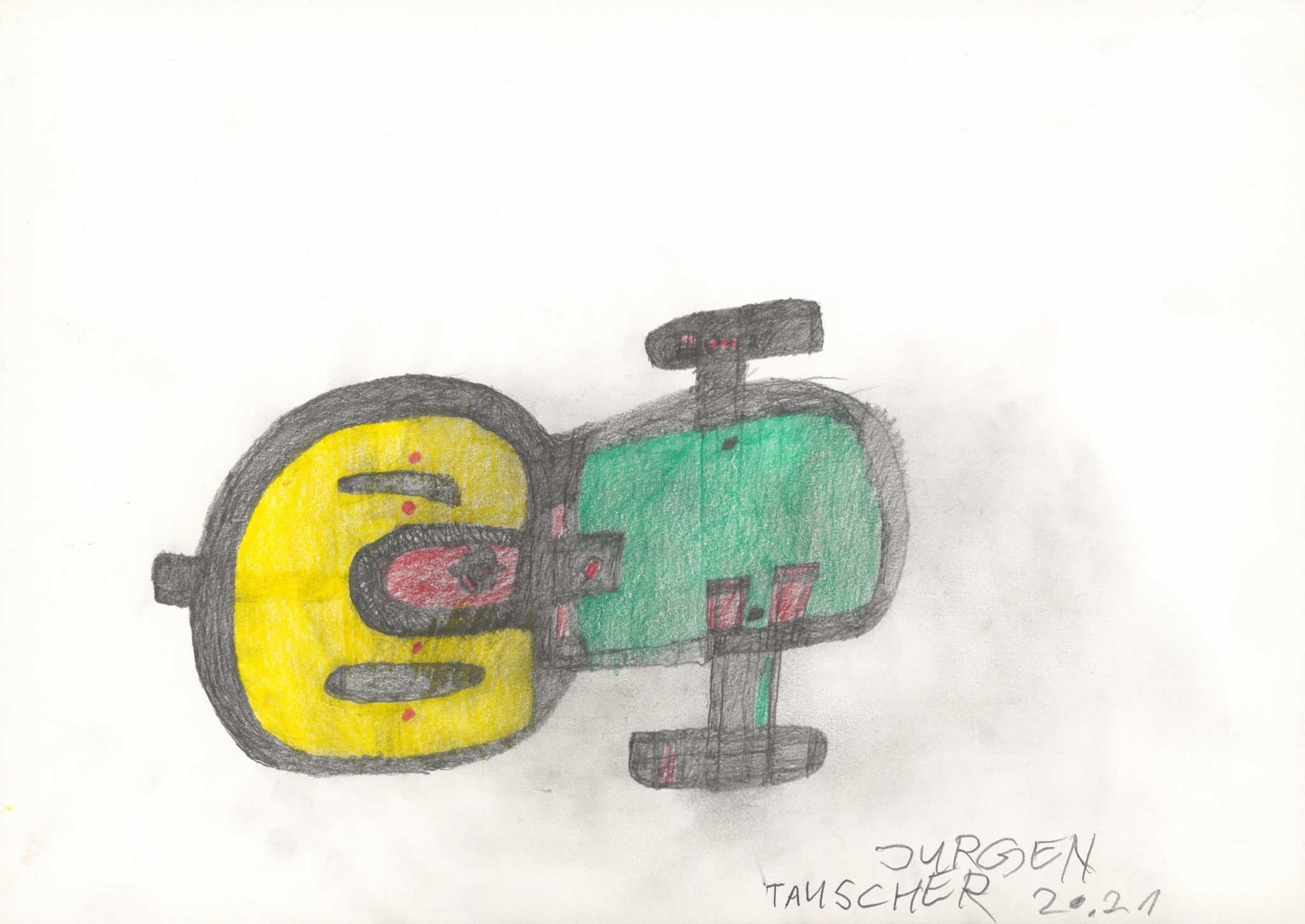 A drawing of a yellow and green robot with a smiley face.