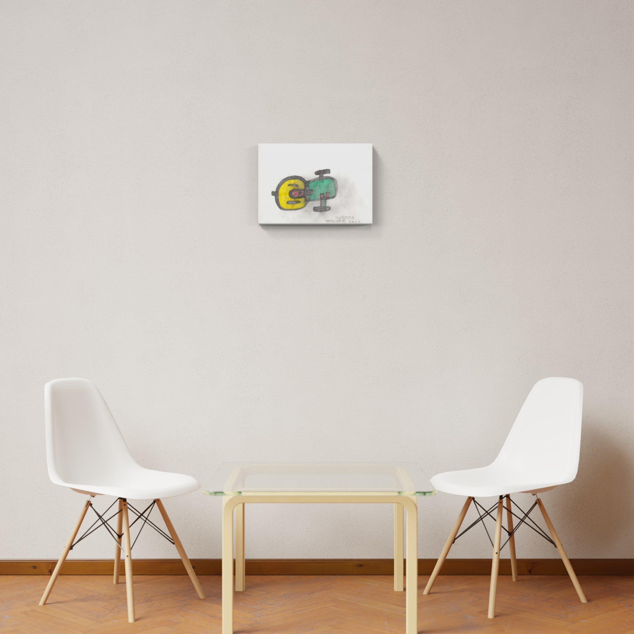 A drawing of a yellow and green robot with a smiley face.