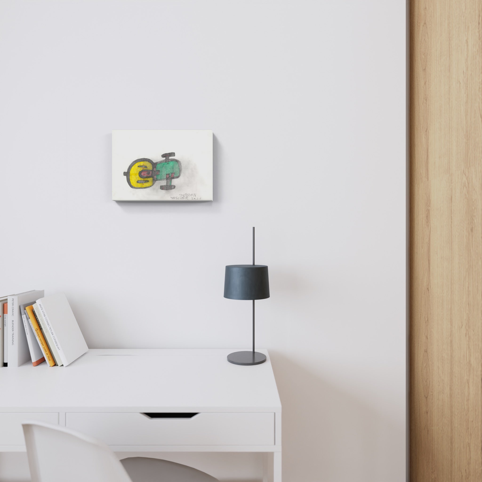 A drawing of a yellow and green robot with a smiley face.