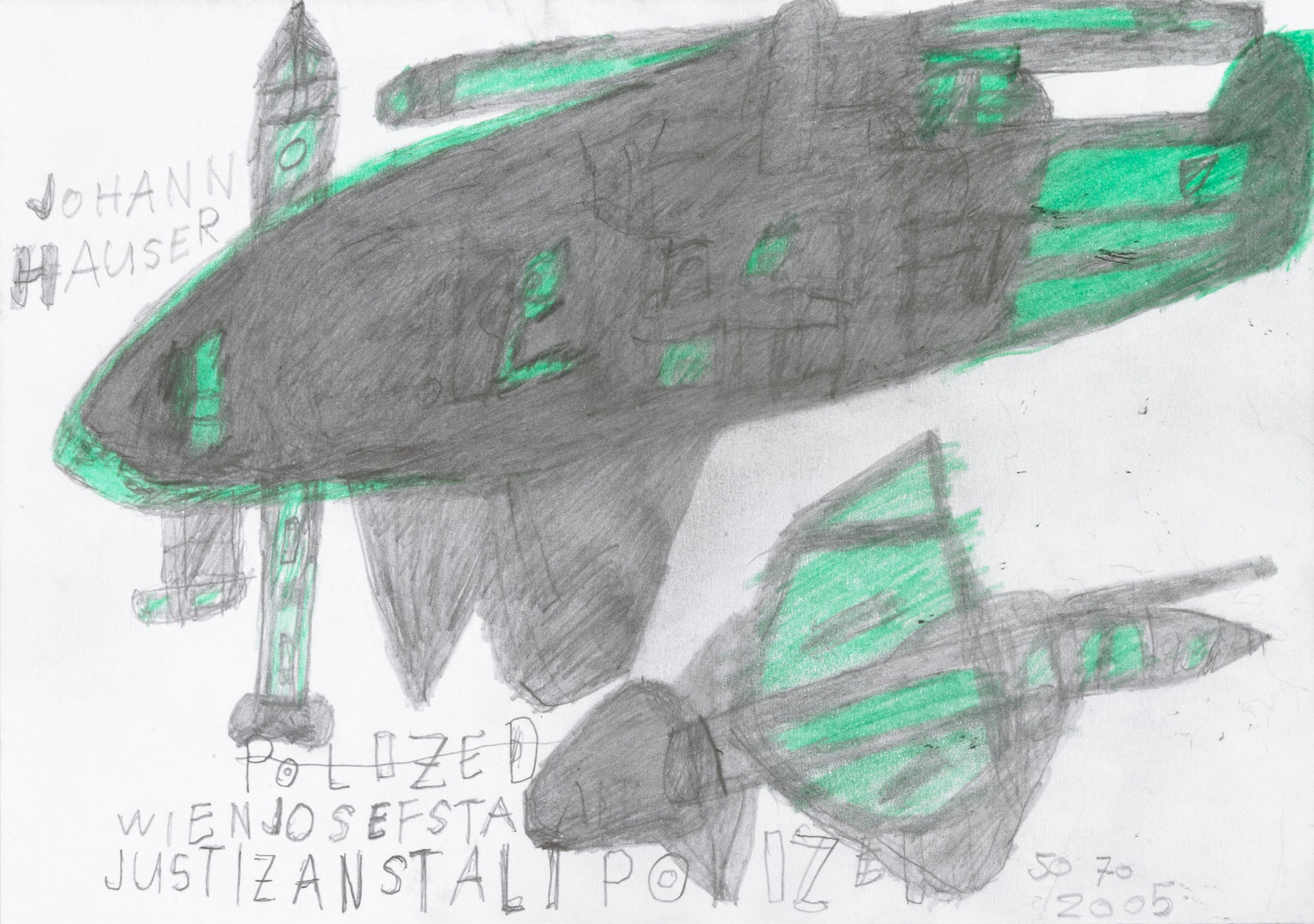 A drawing of a green and black submarine with a boat in the background.