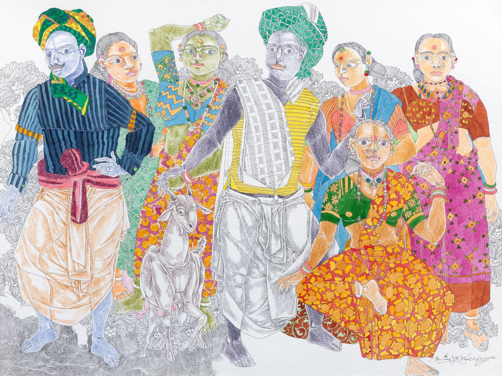 A drawing of a group of people and a goat.
