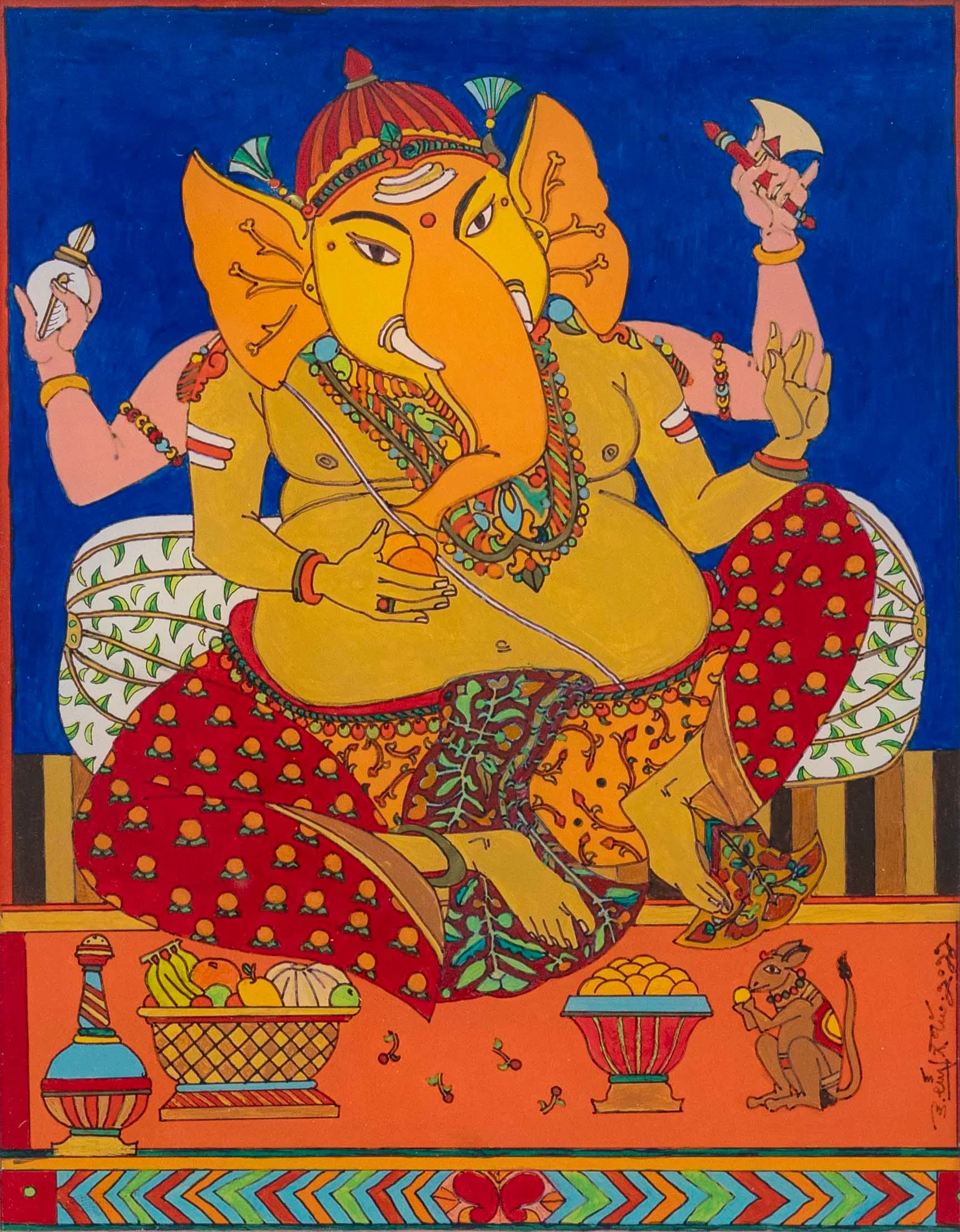 A vibrant, multi-armed deity figure with an elephant head sits in a meditative pose against a deep blue background.
