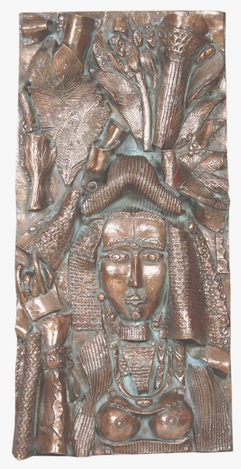 A bronze relief of a woman with a crown on her head.