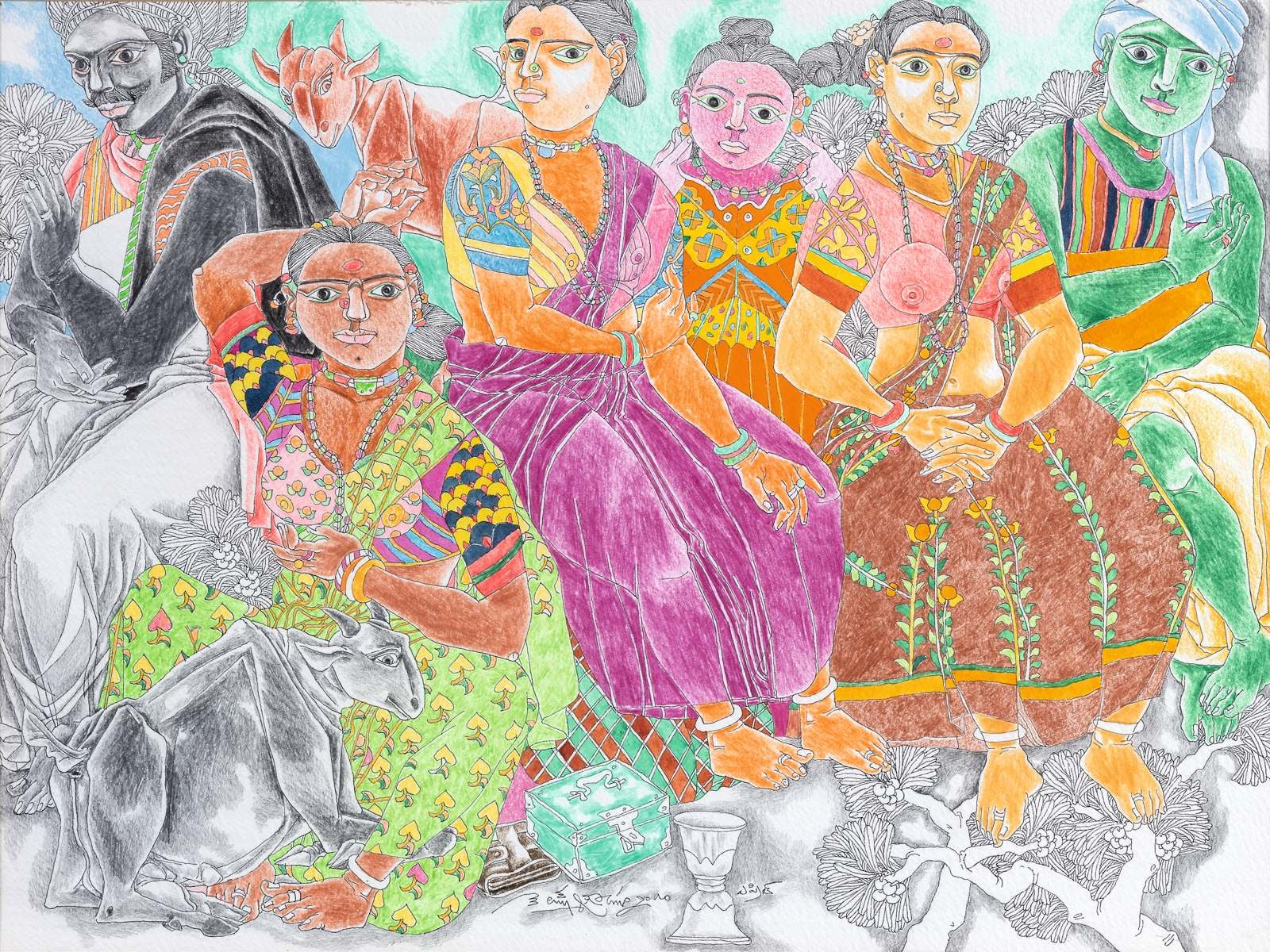 A drawing of a group of women sitting on a bench.