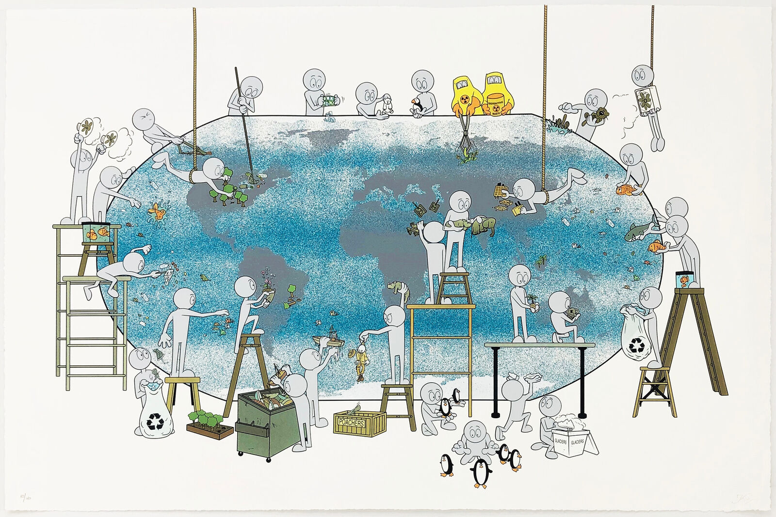 A drawing of a group of people working on a globe.