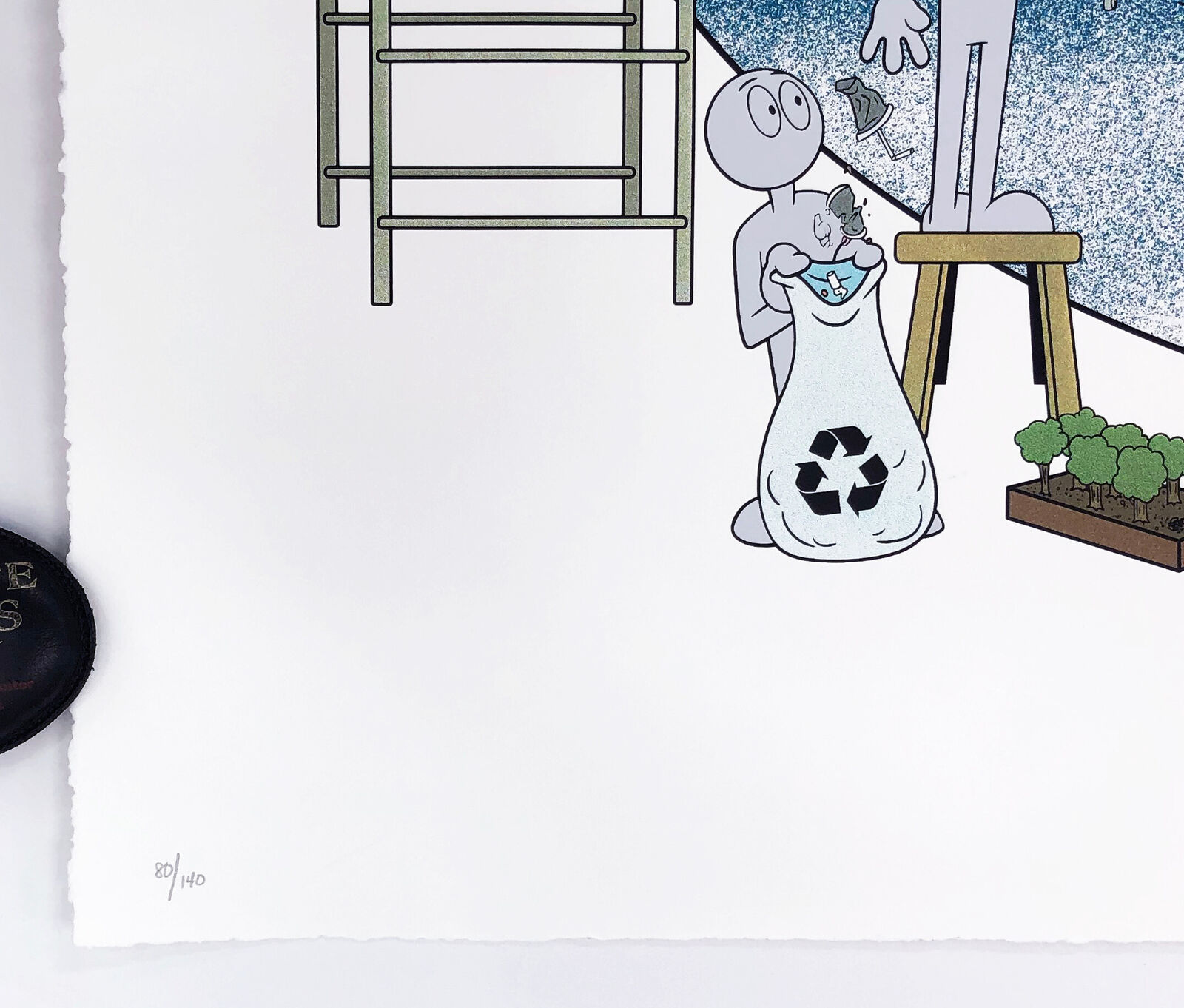 A drawing of a group of people working on a globe.