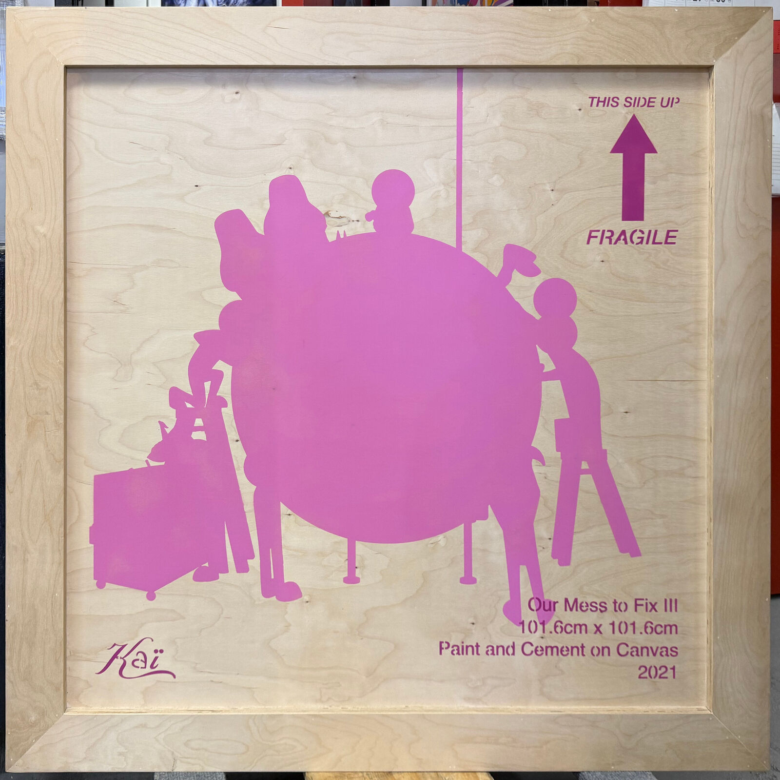 A painting of a group of people around a globe.