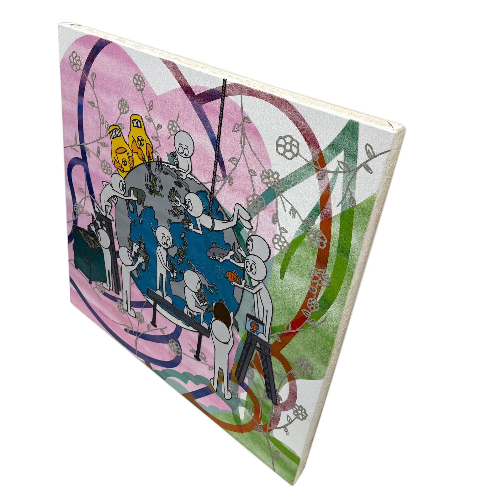 A painting of a group of people around a globe.