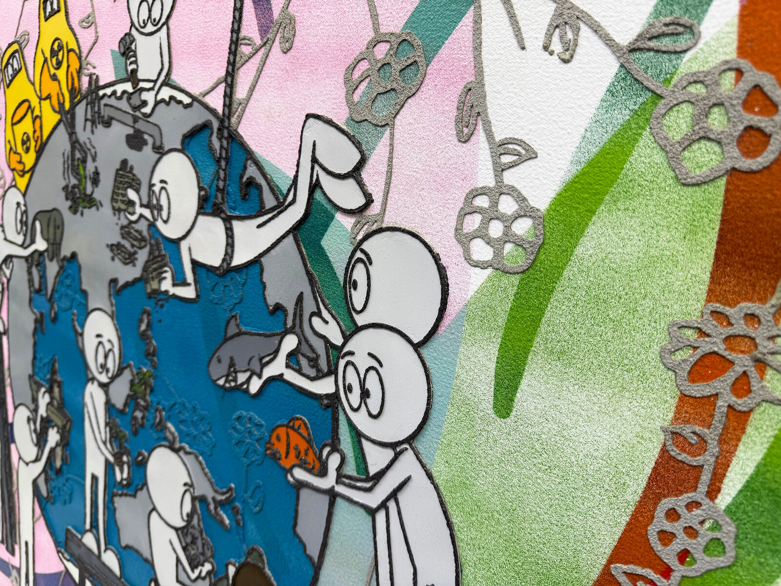 A painting of a group of people around a globe.