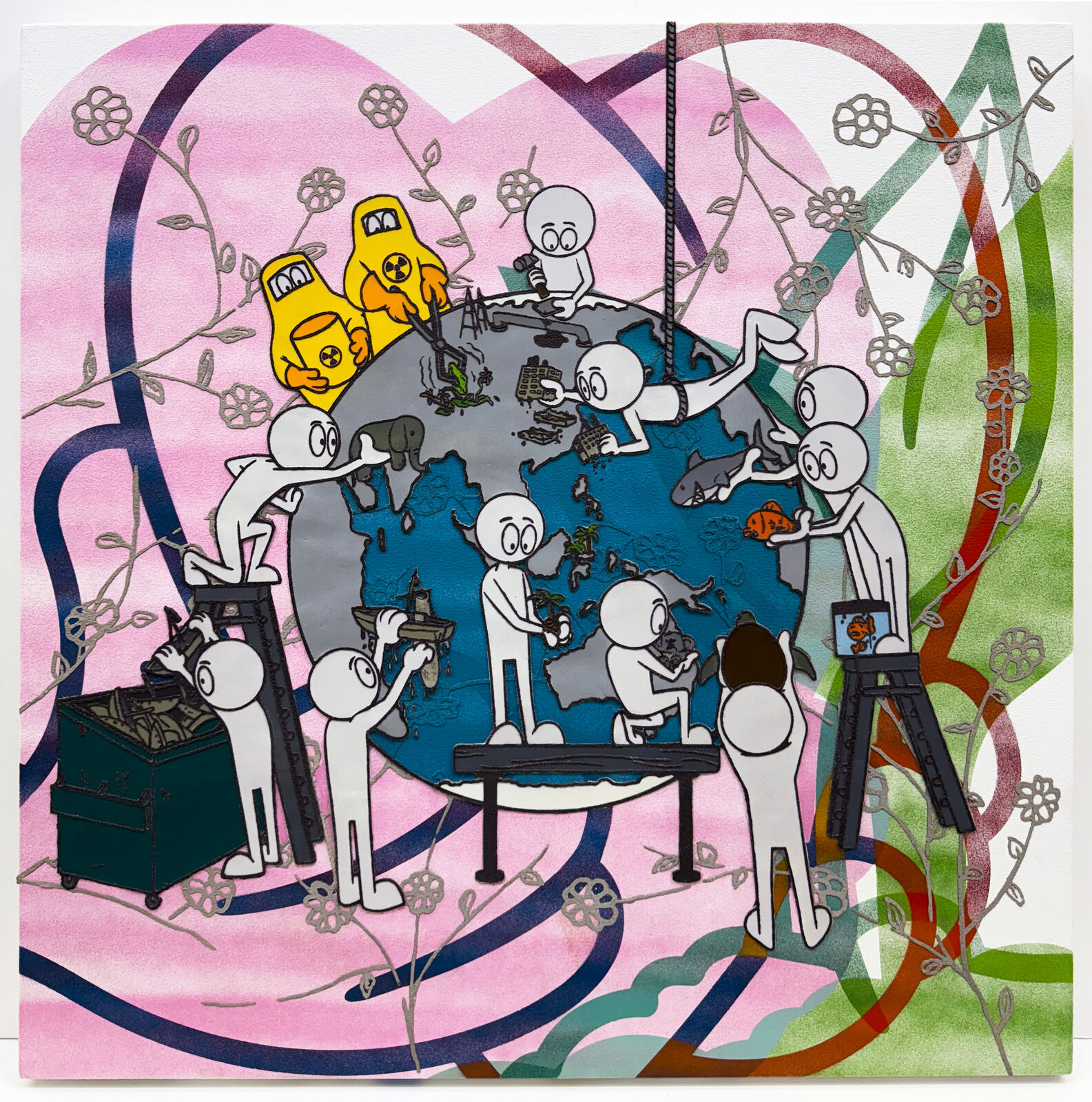 A painting of a group of people around a globe.