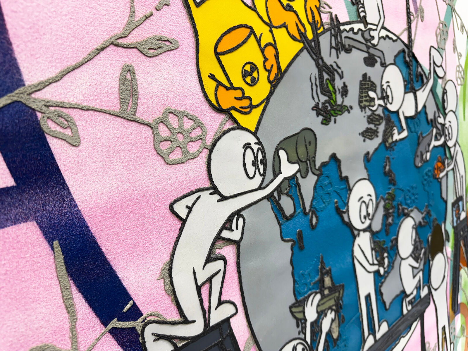 A painting of a group of people around a globe.