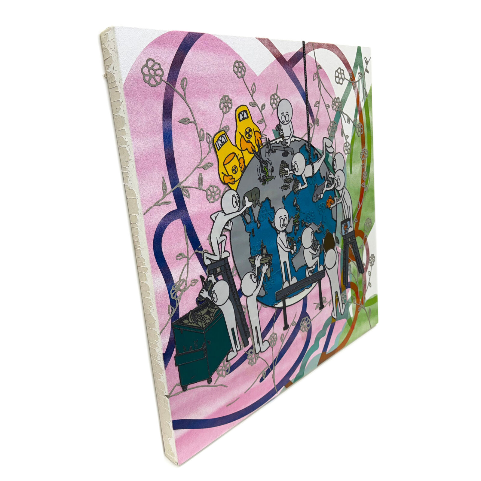 A painting of a group of people around a globe.