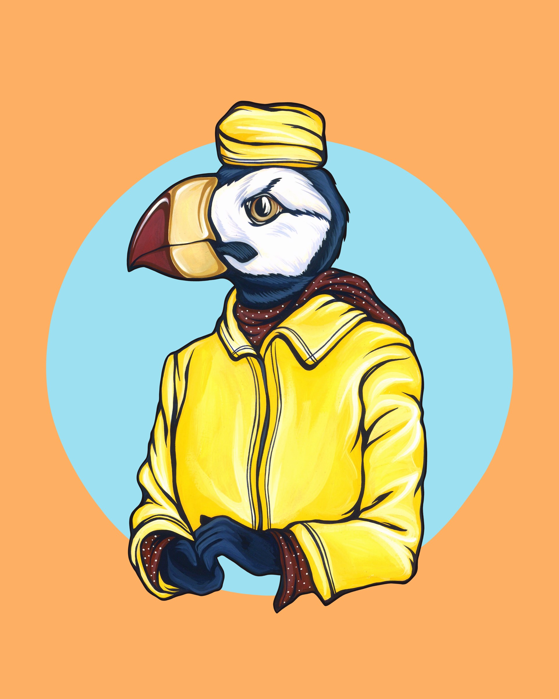 A drawing of a bird wearing a yellow jacket and a yellow hat.