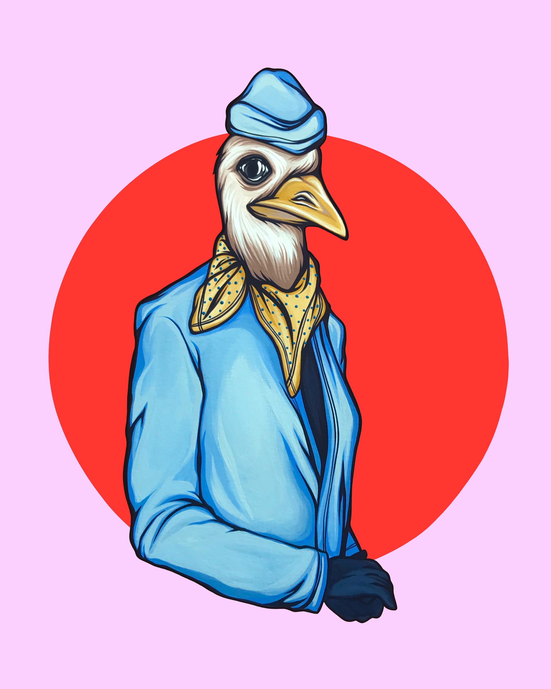 A drawing of a bird wearing a blue suit and hat.