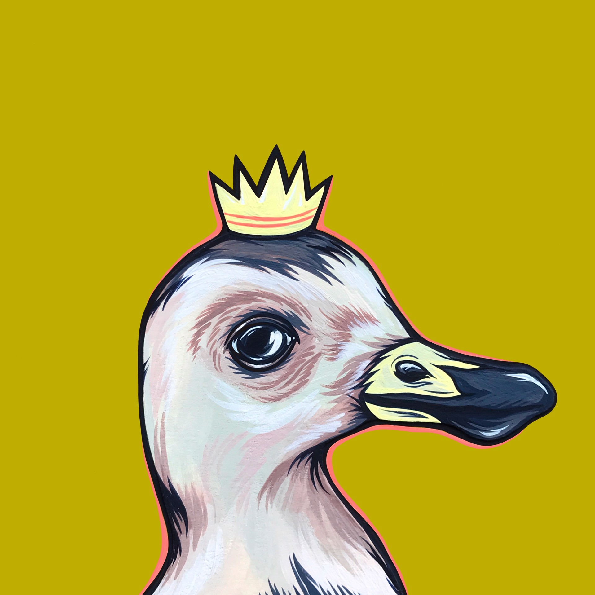 A duck with a crown on its head. 
