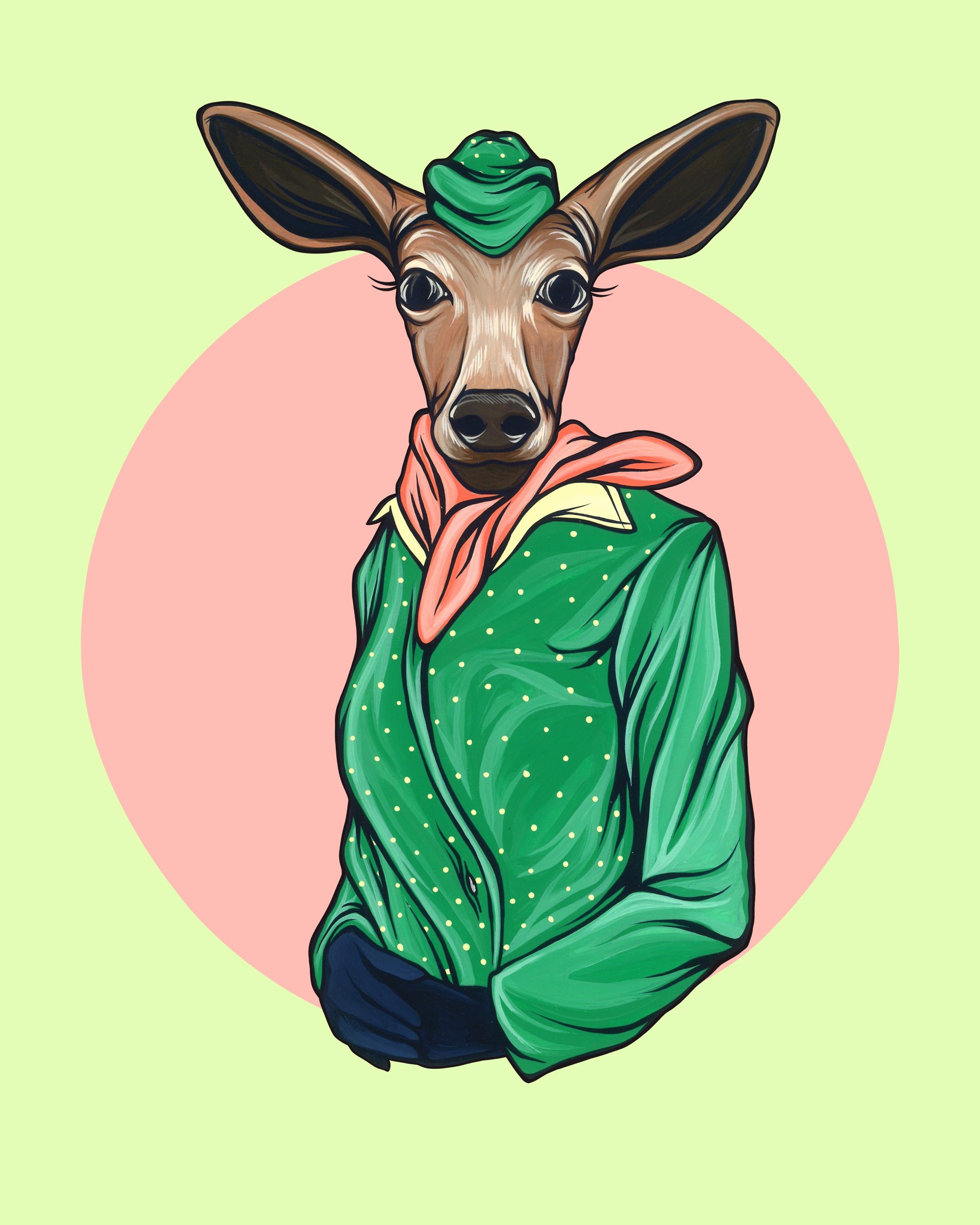 A deer wearing a green shirt and a green hat.