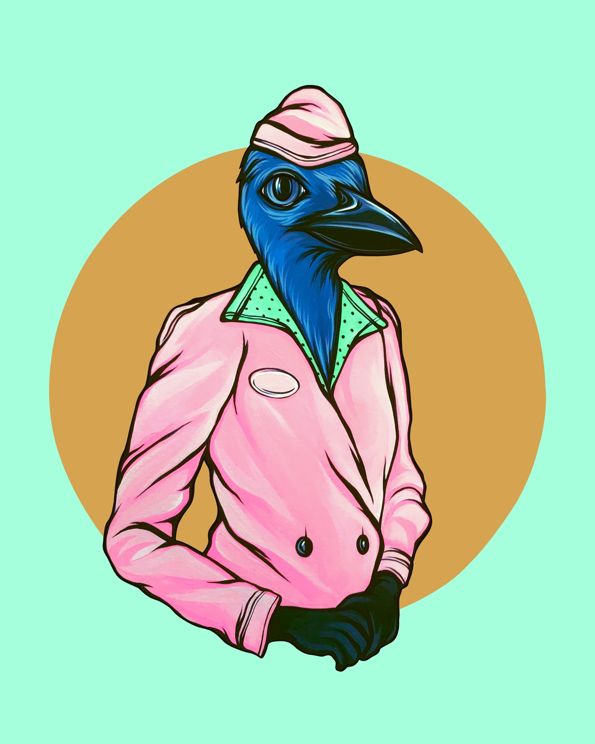 A bird wearing a pink jacket and a pink hat.