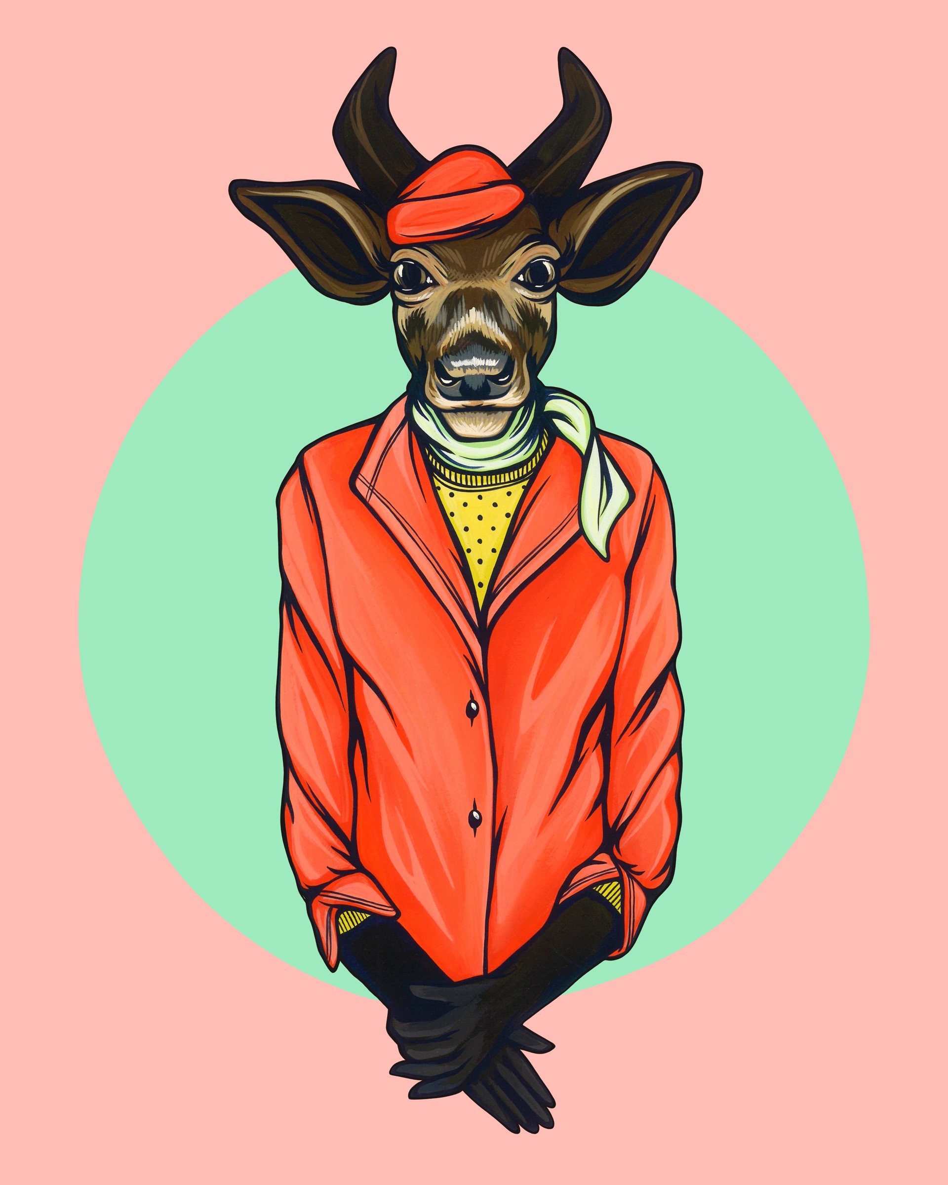 A deer wearing a red jacket and a red hat.