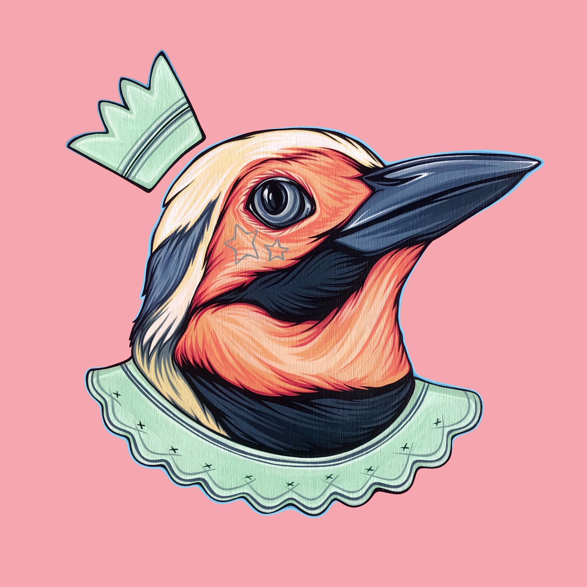 A whimsical portrait of a bird wearing a crown and ruffled collar against a soft pink background.