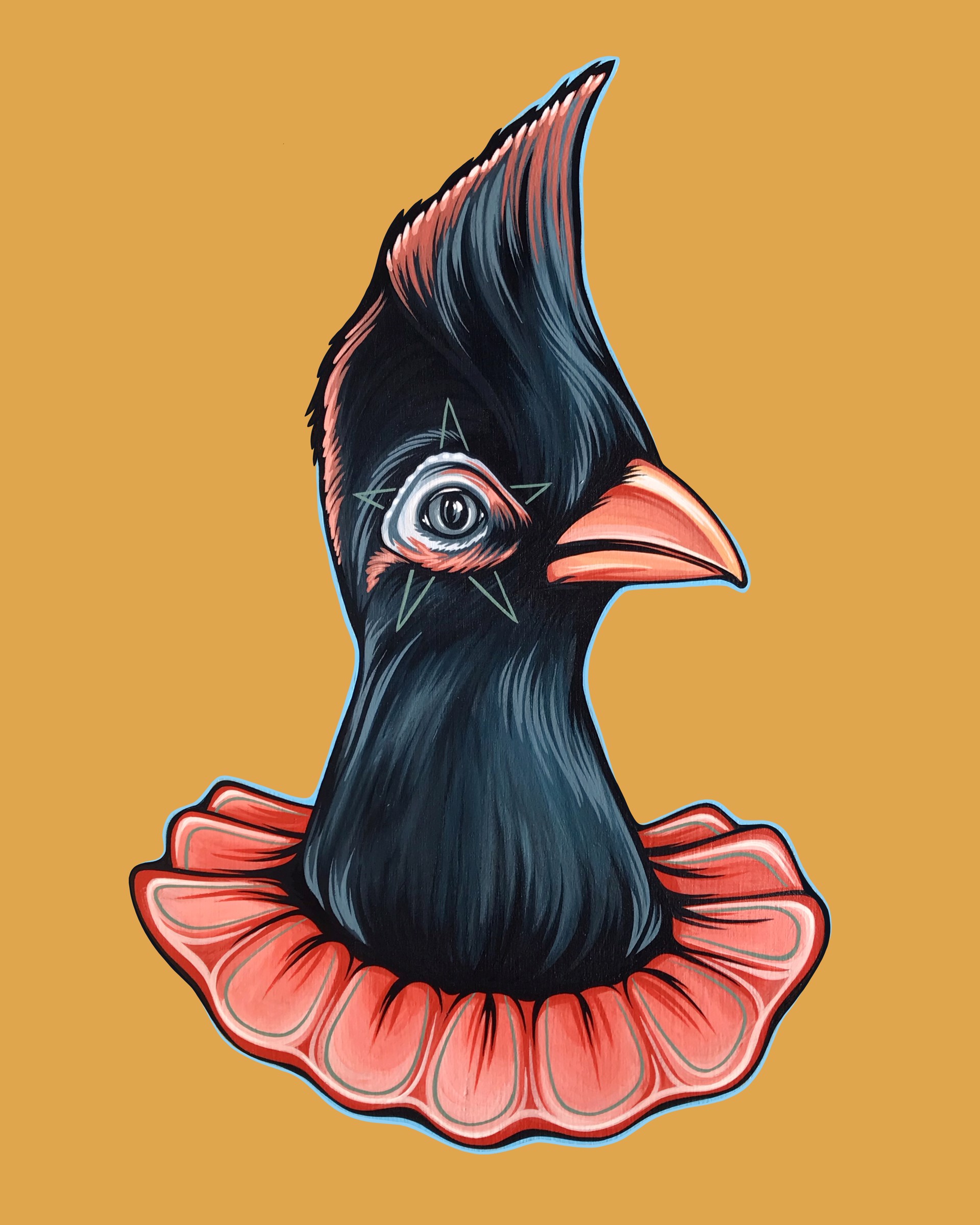 A stylized portrait of a black bird with a pink ruffled collar and star-shaped eye markings.