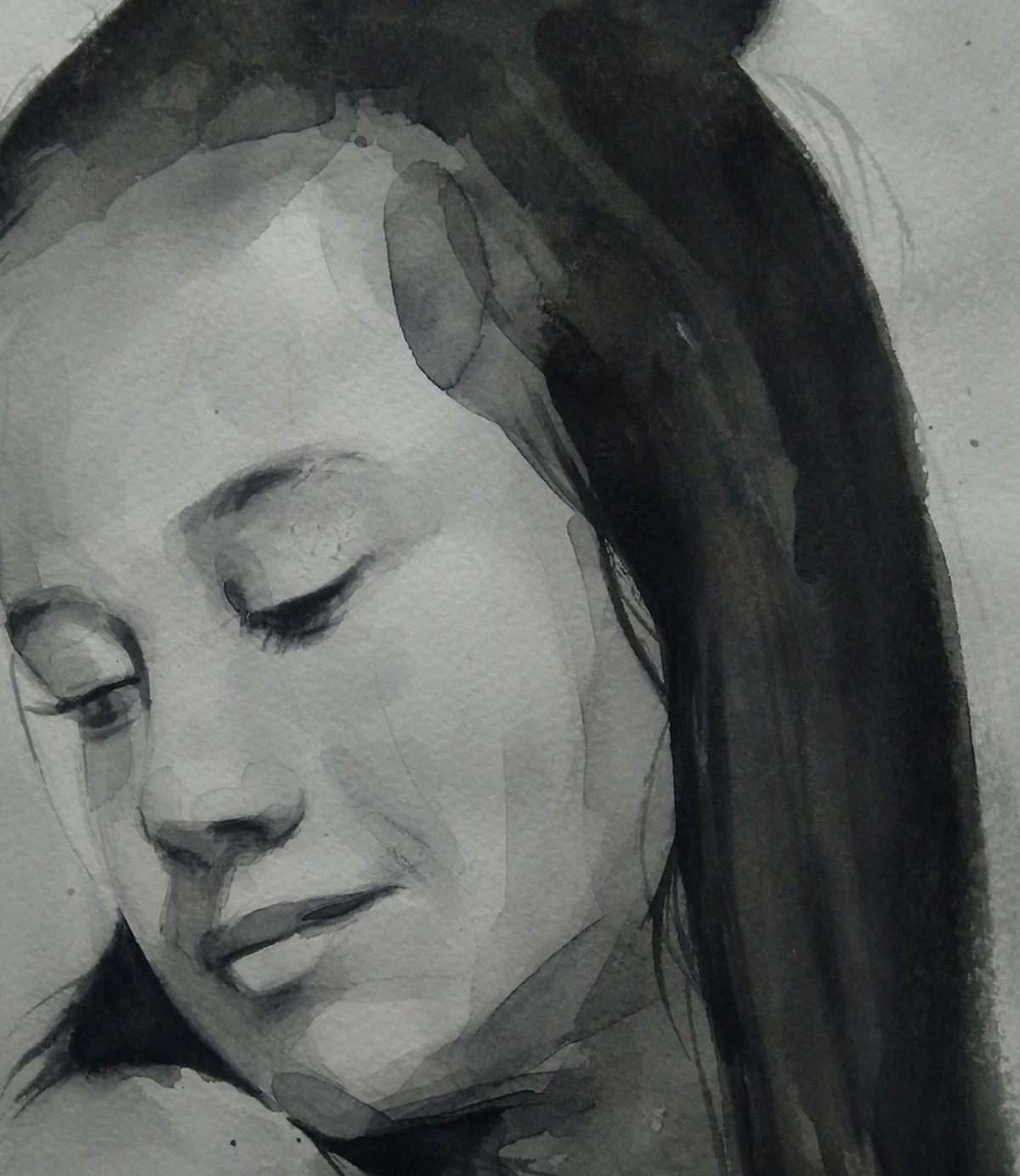 A black and white drawing of a woman with her eyes closed.