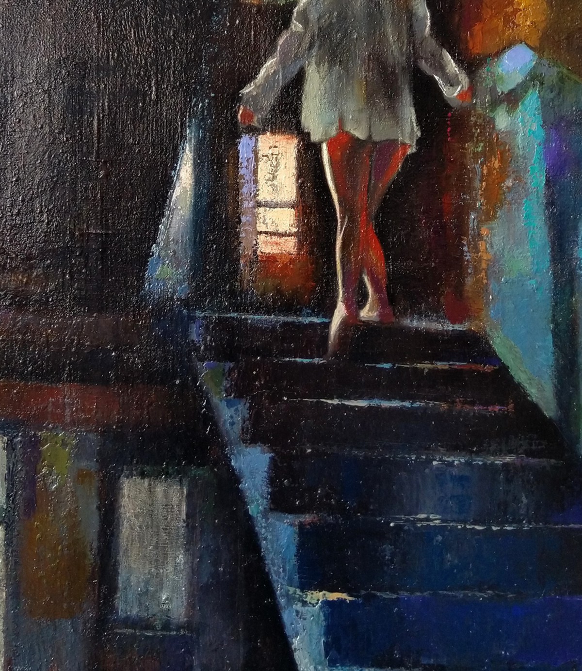 A figure ascends a staircase in a moody, impressionistic painting.