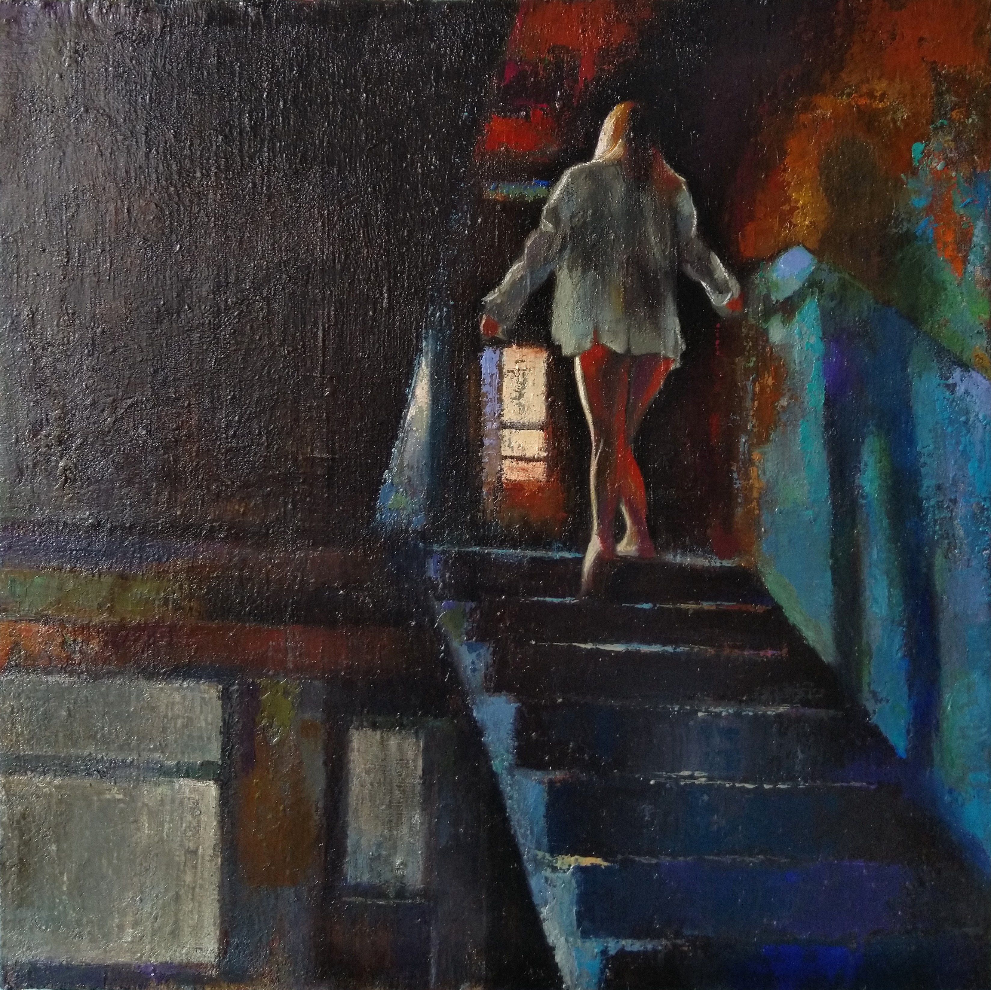 A figure ascends a staircase in a moody, impressionistic painting.