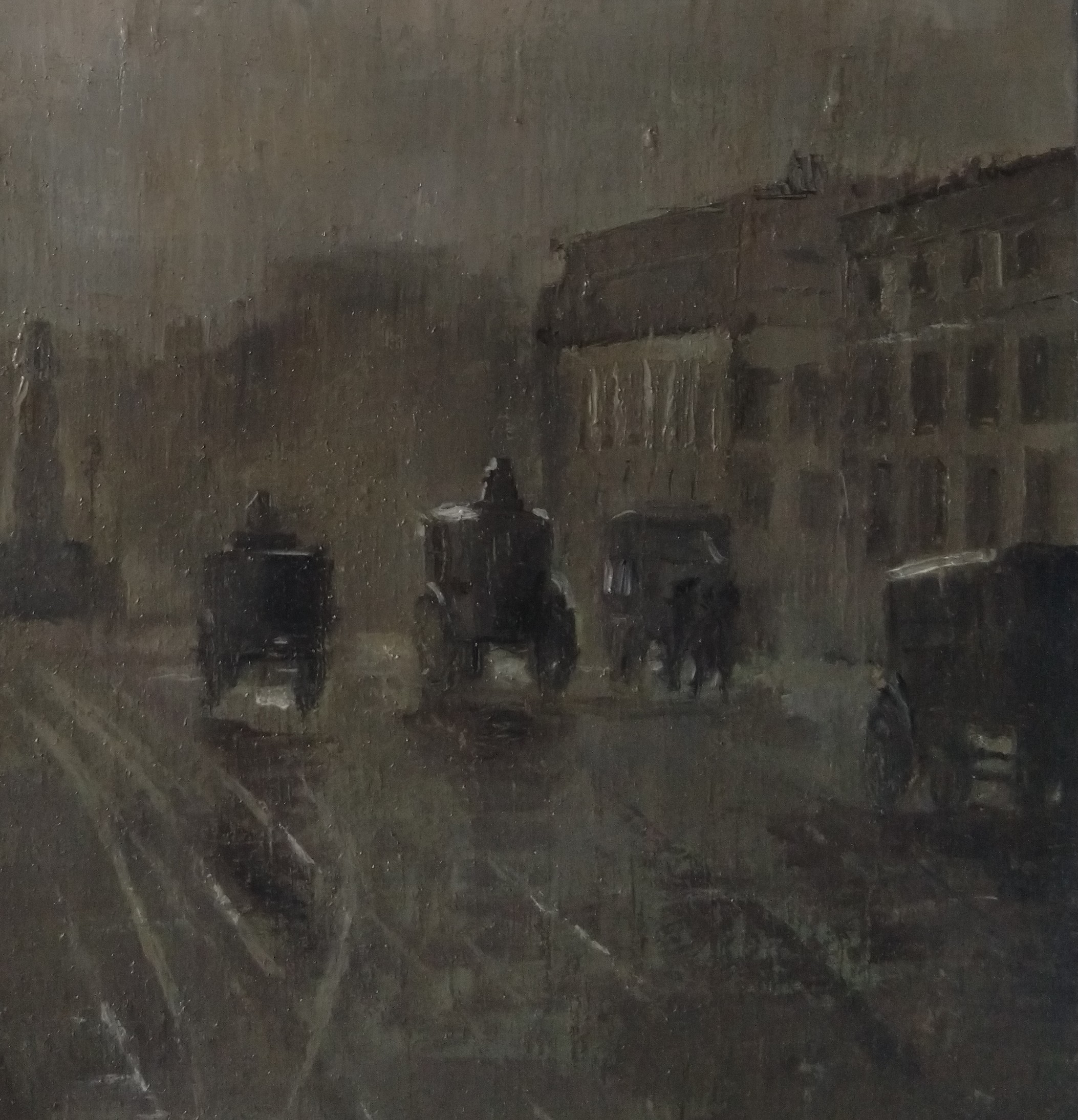 A moody atmospheric painting of a foggy city street with horse-drawn carriages.